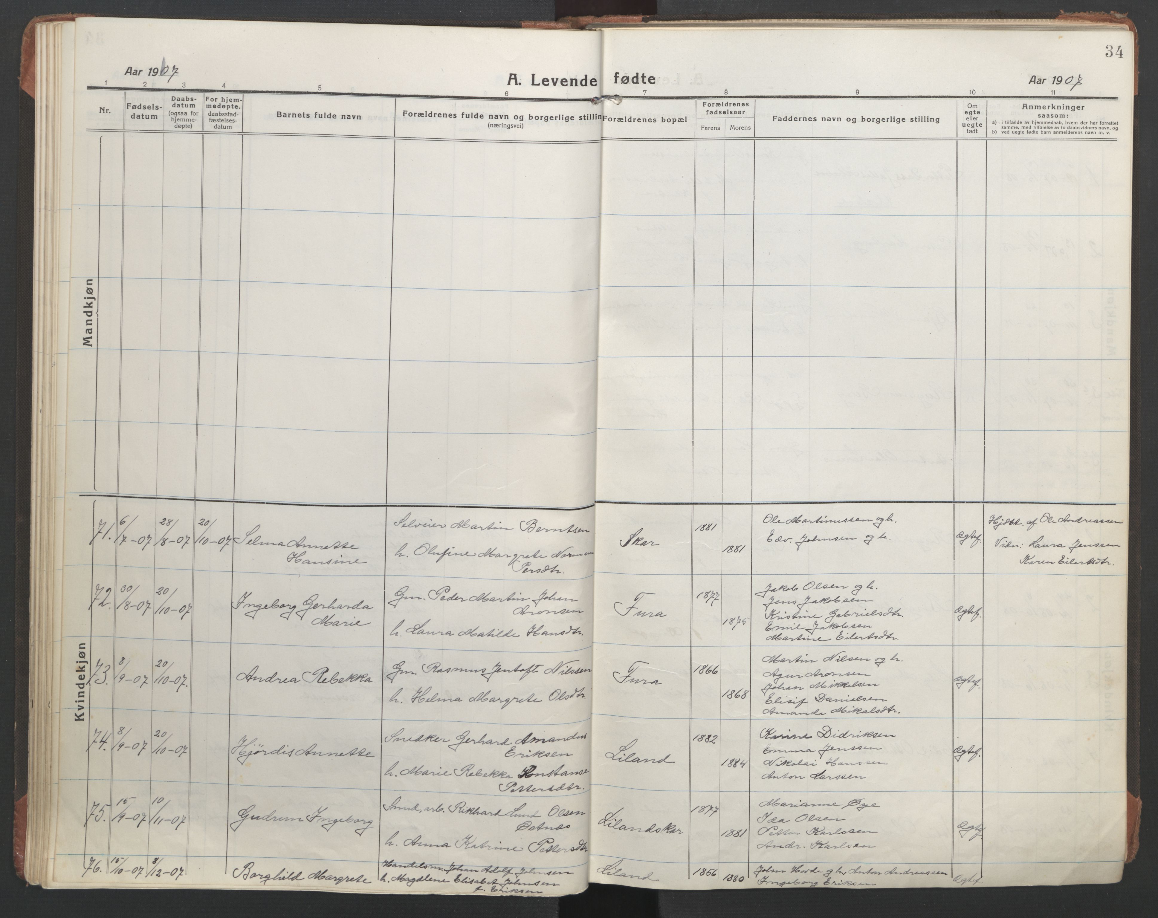 Ministerialprotokoller, klokkerbøker og fødselsregistre - Nordland, AV/SAT-A-1459/863/L0900: Parish register (official) no. 863A12, 1906-1915, p. 34