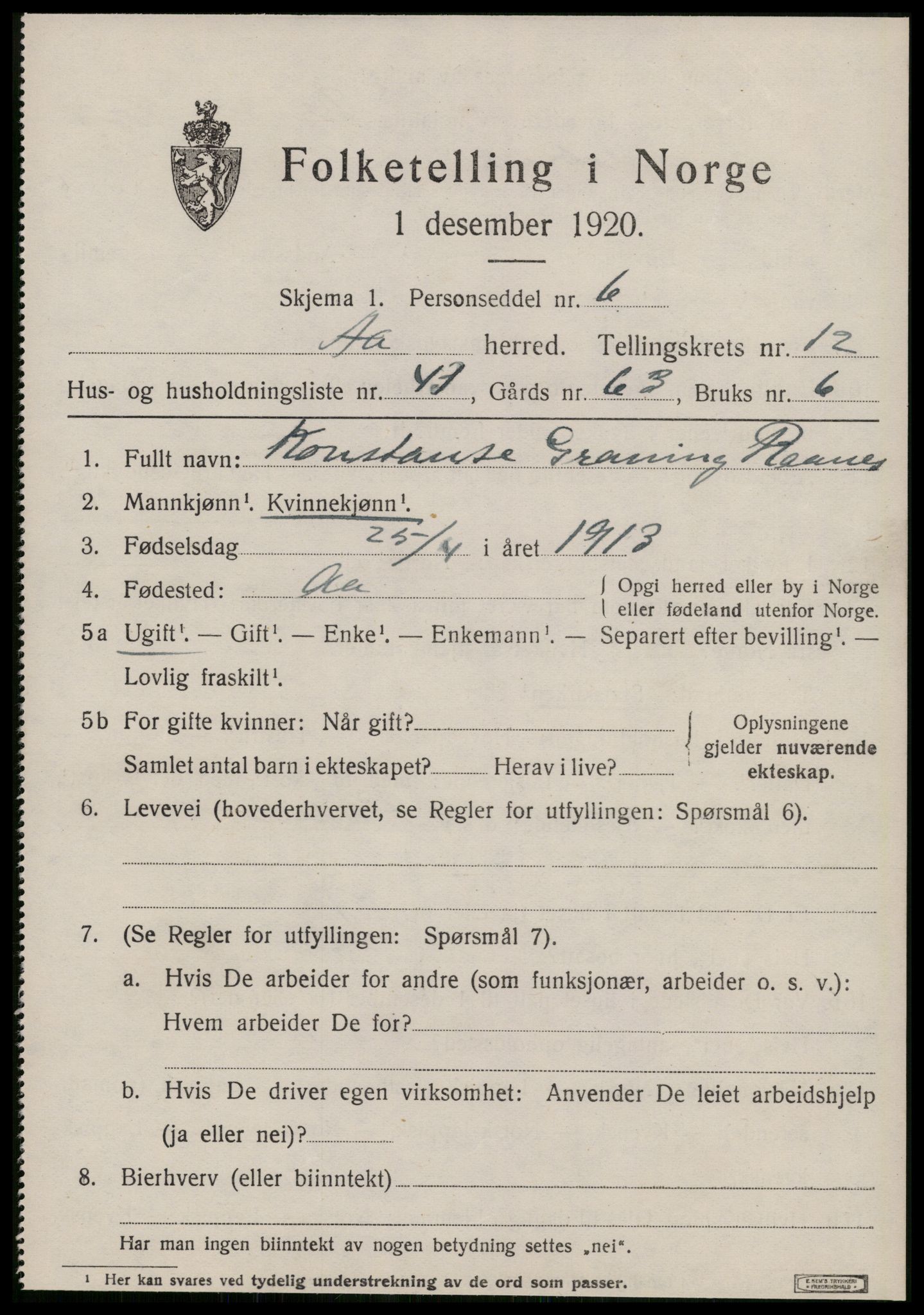 SAT, 1920 census for Å, 1920, p. 5490