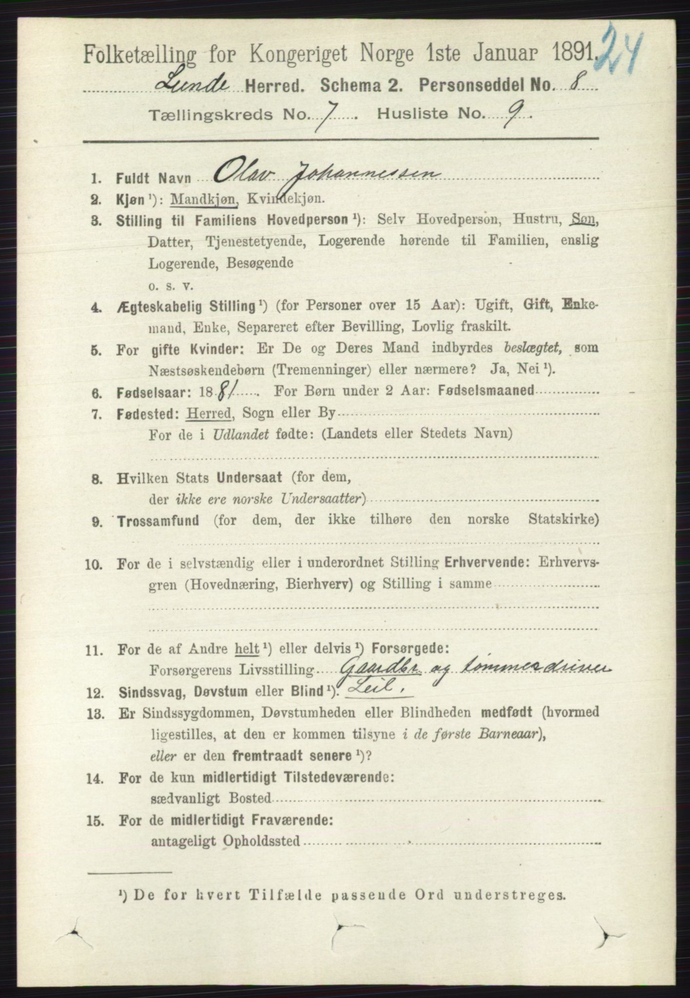 RA, 1891 census for 0820 Lunde, 1891, p. 2260