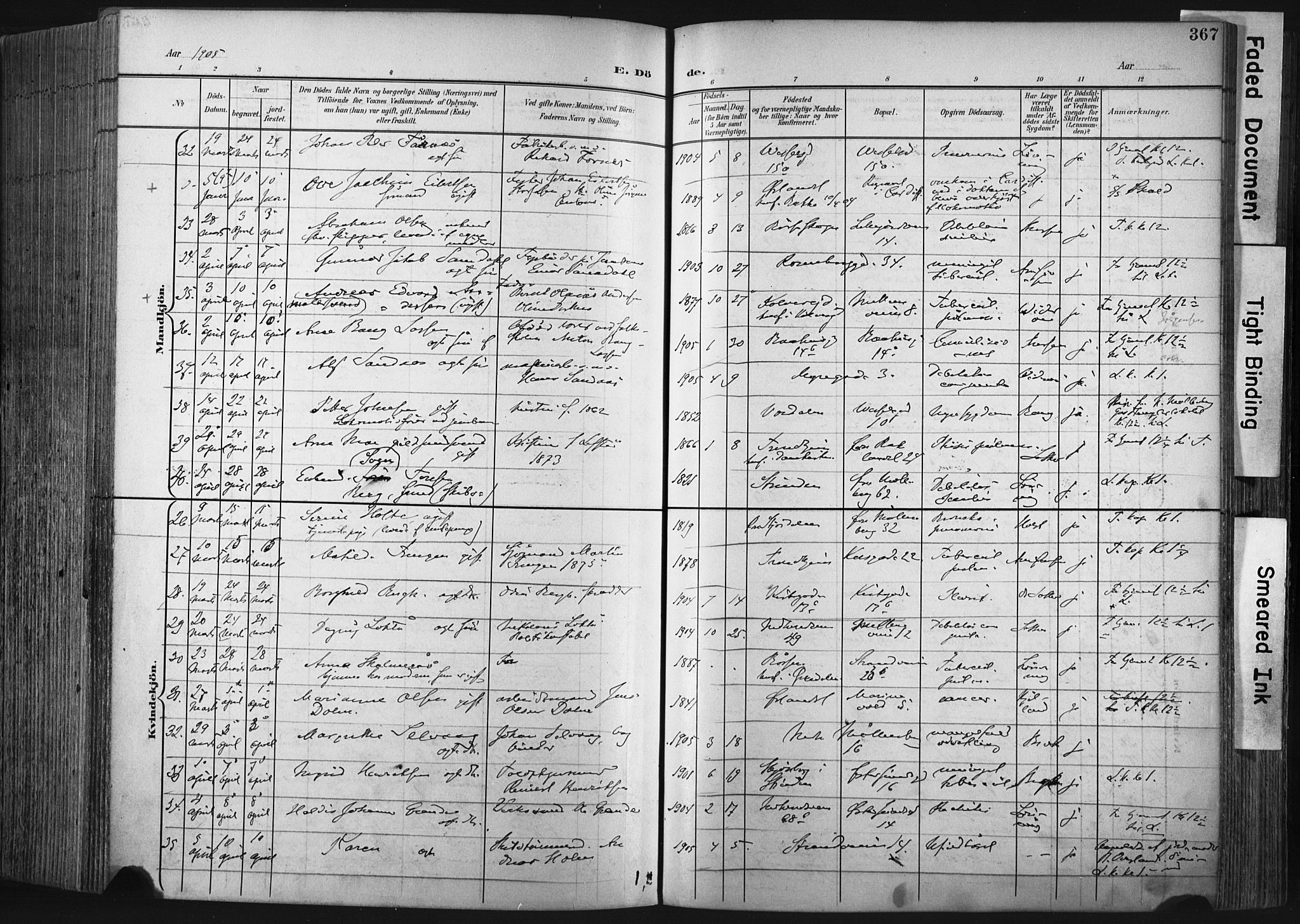 Ministerialprotokoller, klokkerbøker og fødselsregistre - Sør-Trøndelag, AV/SAT-A-1456/604/L0201: Parish register (official) no. 604A21, 1901-1911, p. 367