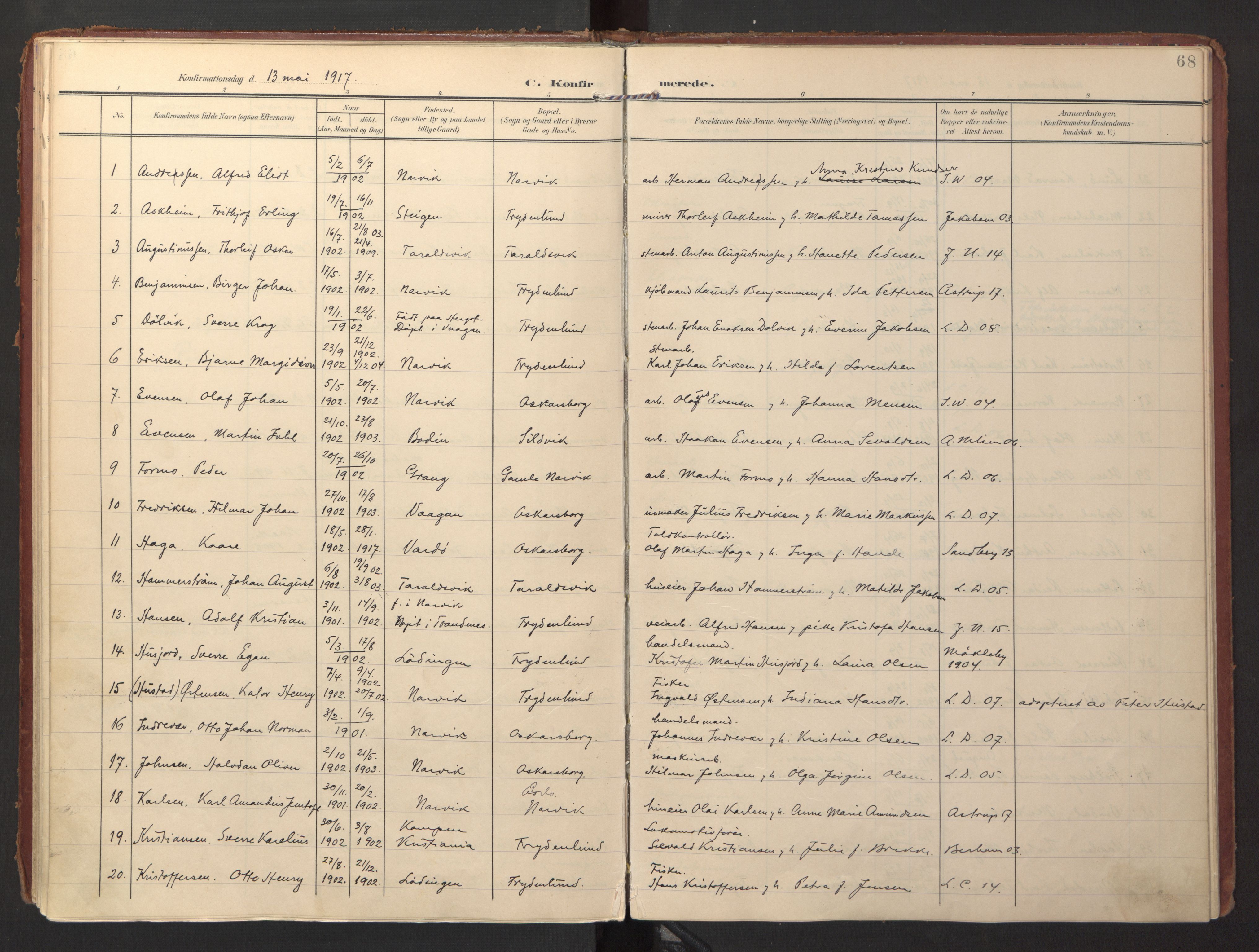 Ministerialprotokoller, klokkerbøker og fødselsregistre - Nordland, AV/SAT-A-1459/871/L0998: Parish register (official) no. 871A14, 1902-1921, p. 68