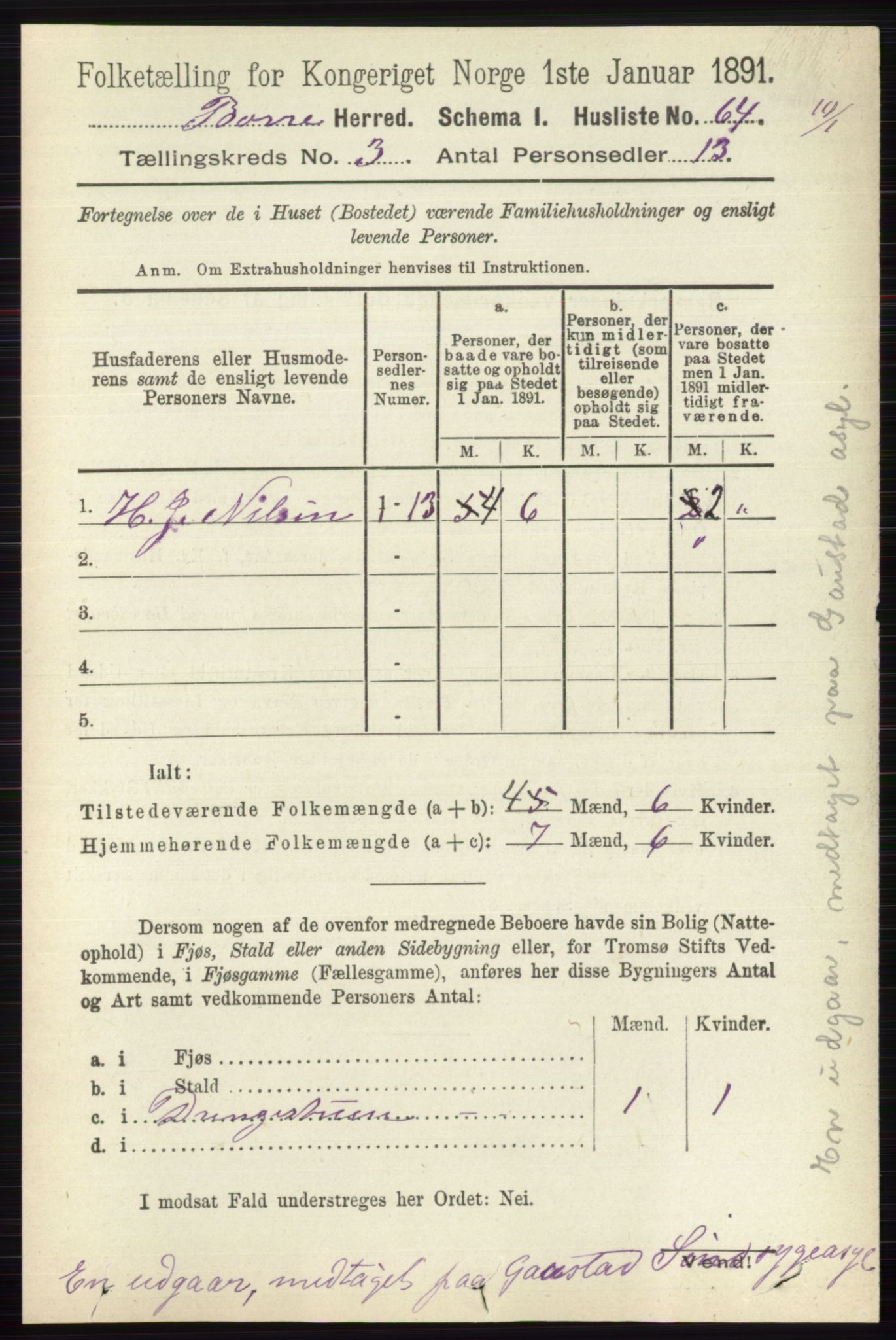 RA, 1891 census for 0717 Borre, 1891, p. 1207