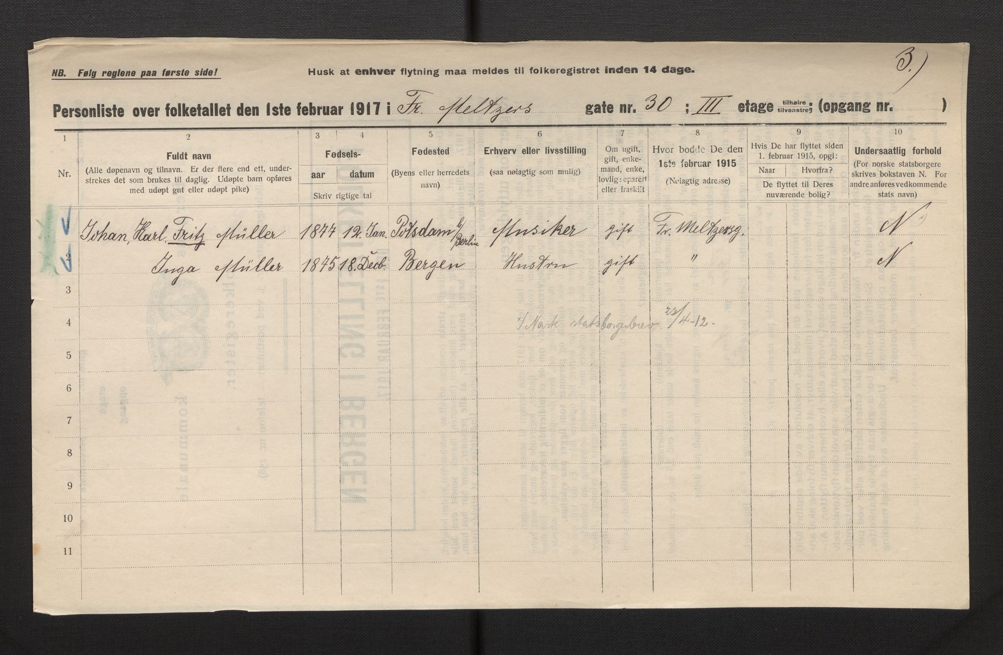 SAB, Municipal Census 1917 for Bergen, 1917, p. 9119