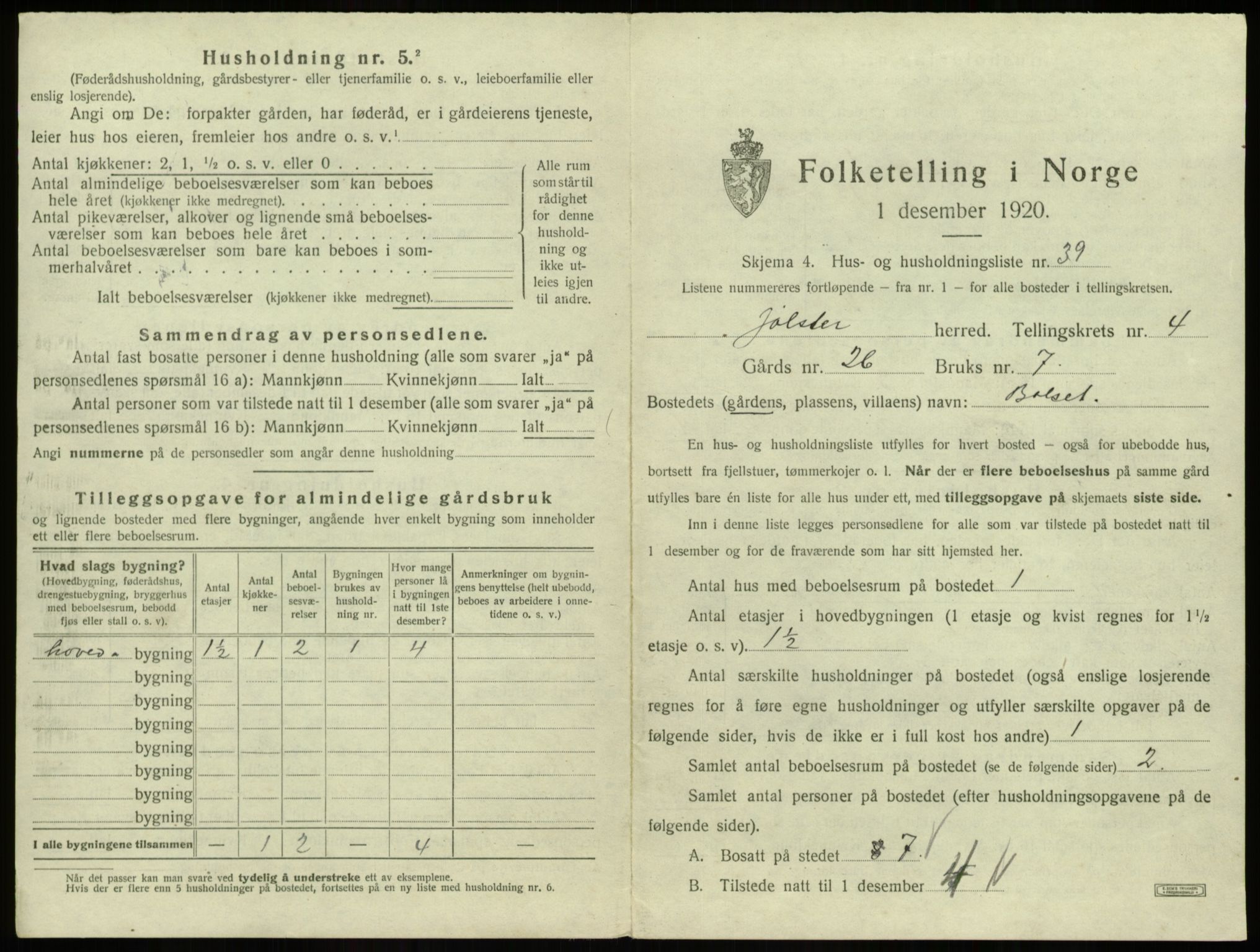 SAB, 1920 census for Jølster, 1920, p. 346