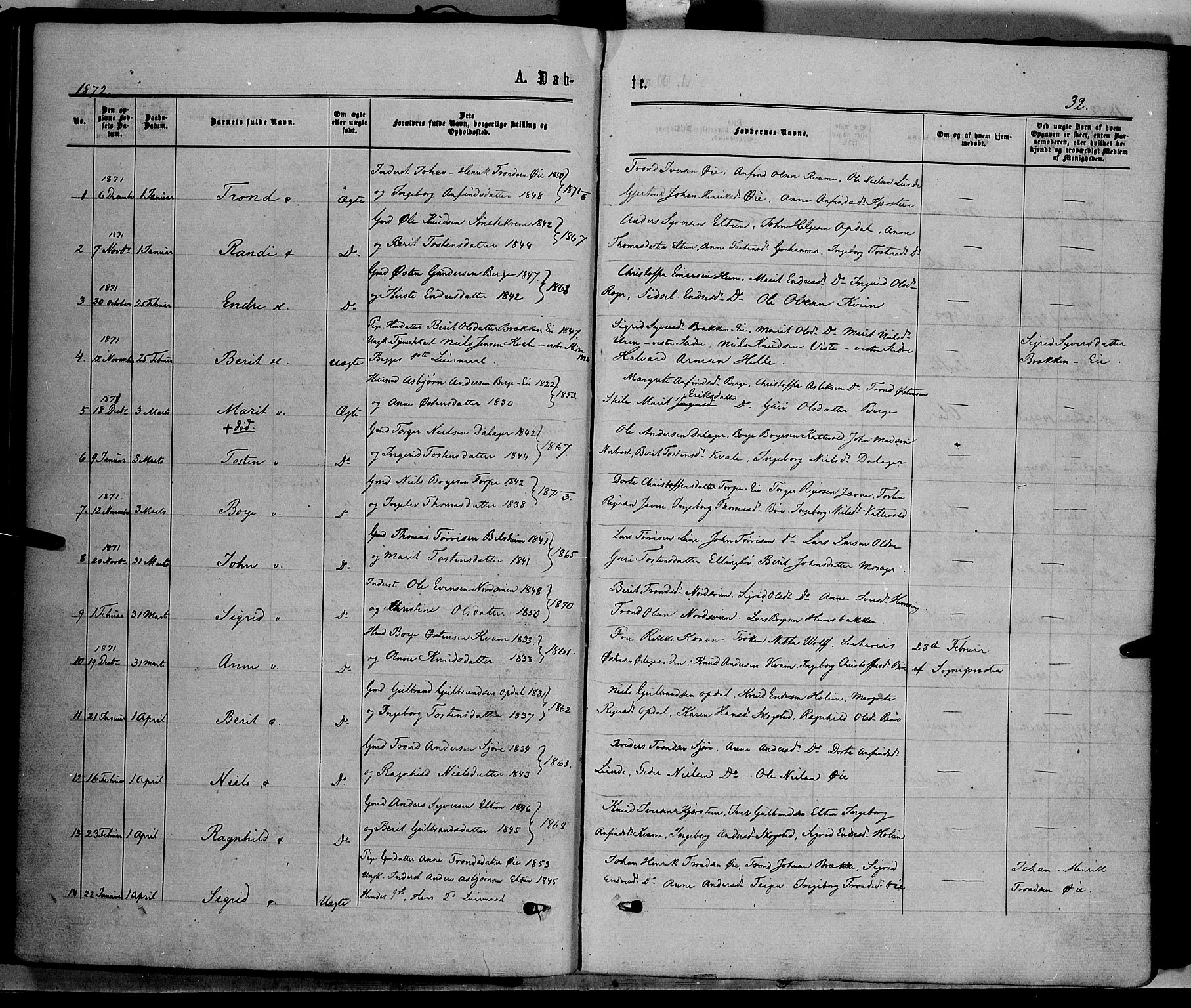 Vang prestekontor, Valdres, SAH/PREST-140/H/Ha/L0007: Parish register (official) no. 7, 1865-1881, p. 32