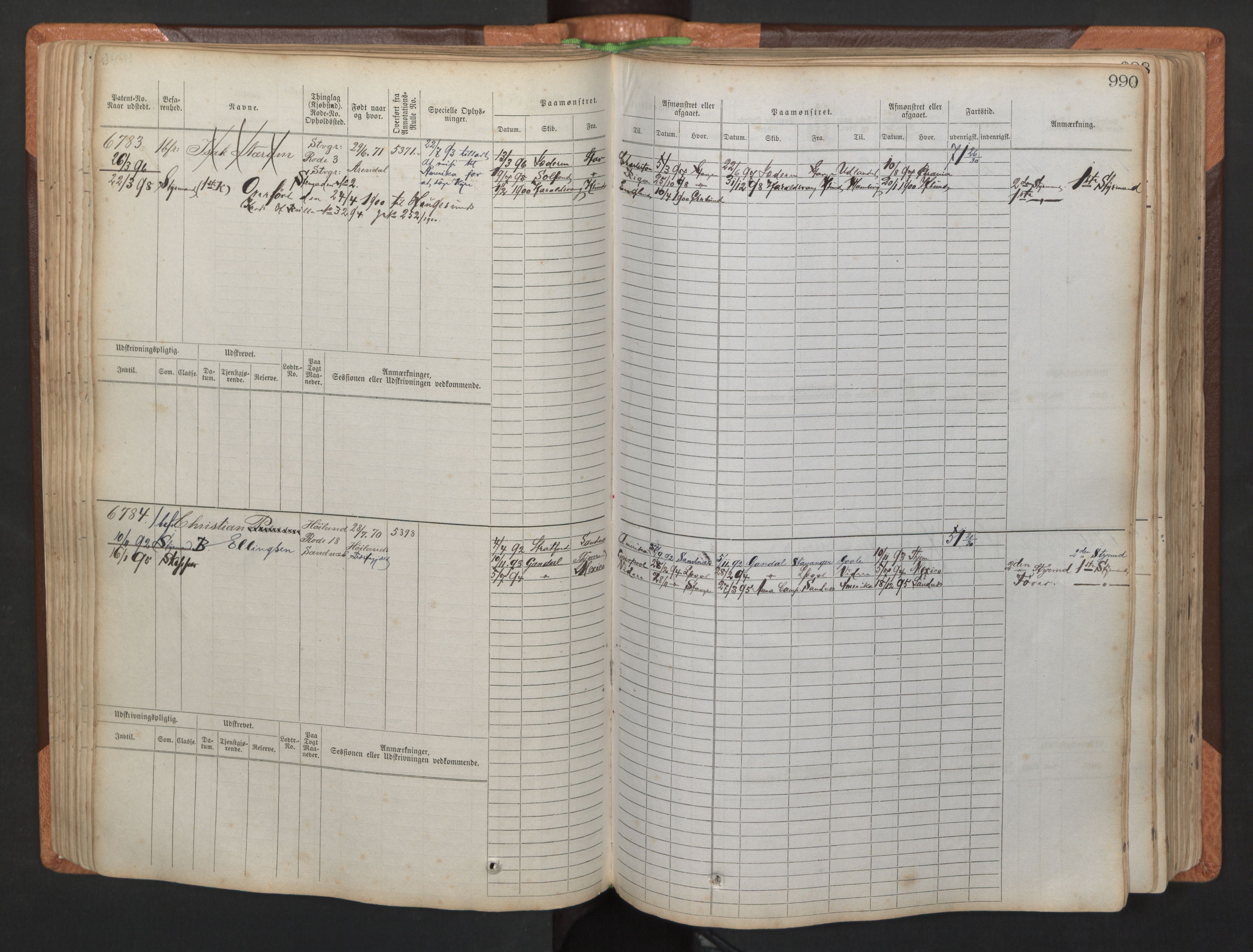 Stavanger sjømannskontor, AV/SAST-A-102006/F/Fb/Fbb/L0011: Sjøfartshovedrulle, patentnr. 6607-7206 (del 2), 1887-1896, p. 93