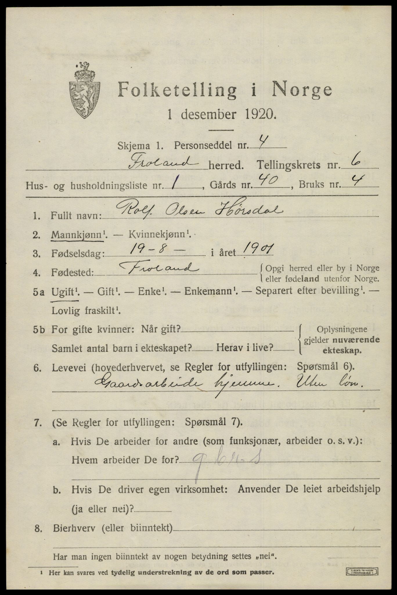 SAK, 1920 census for Froland, 1920, p. 4043