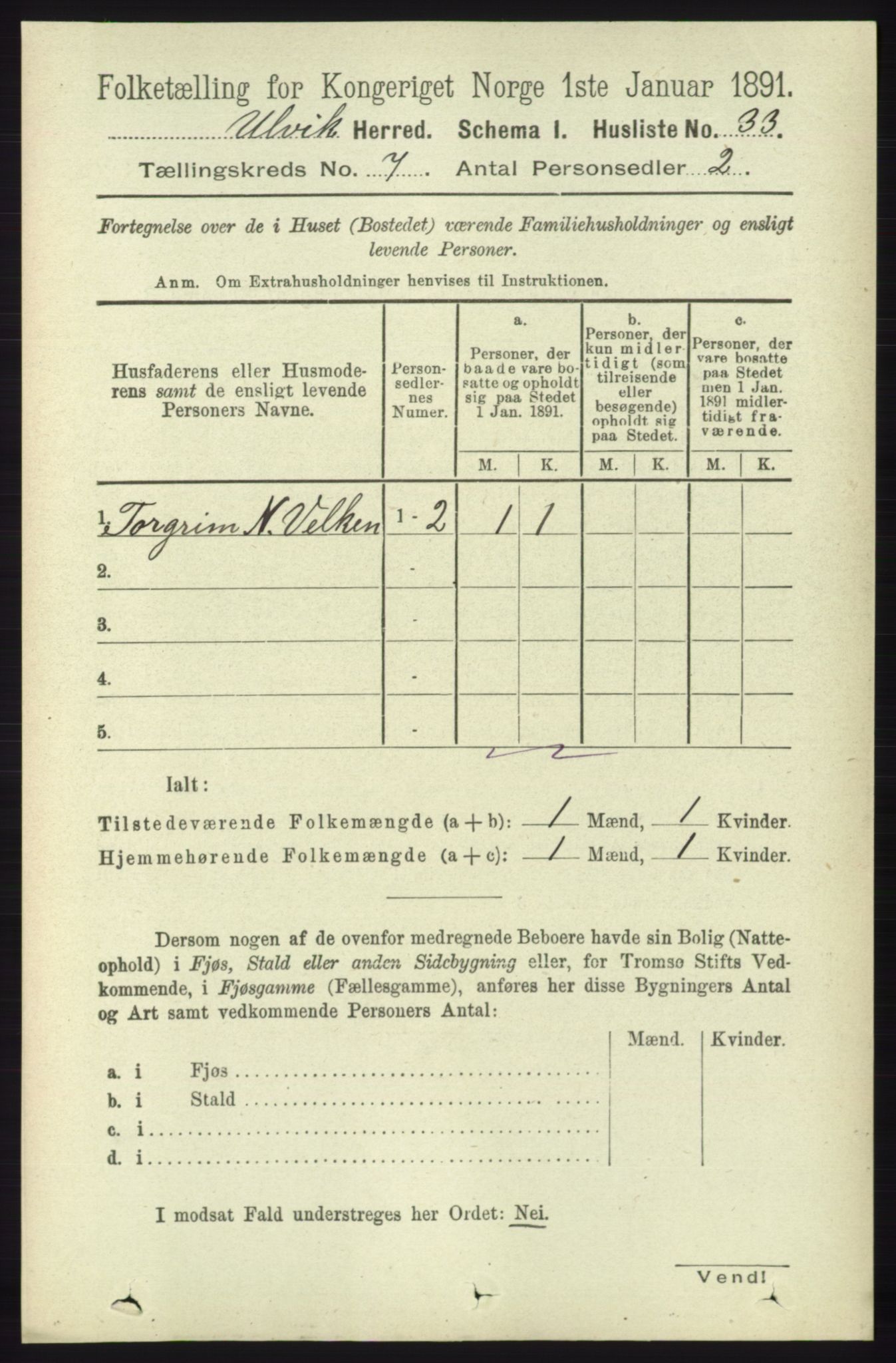 RA, 1891 census for 1233 Ulvik, 1891, p. 2257