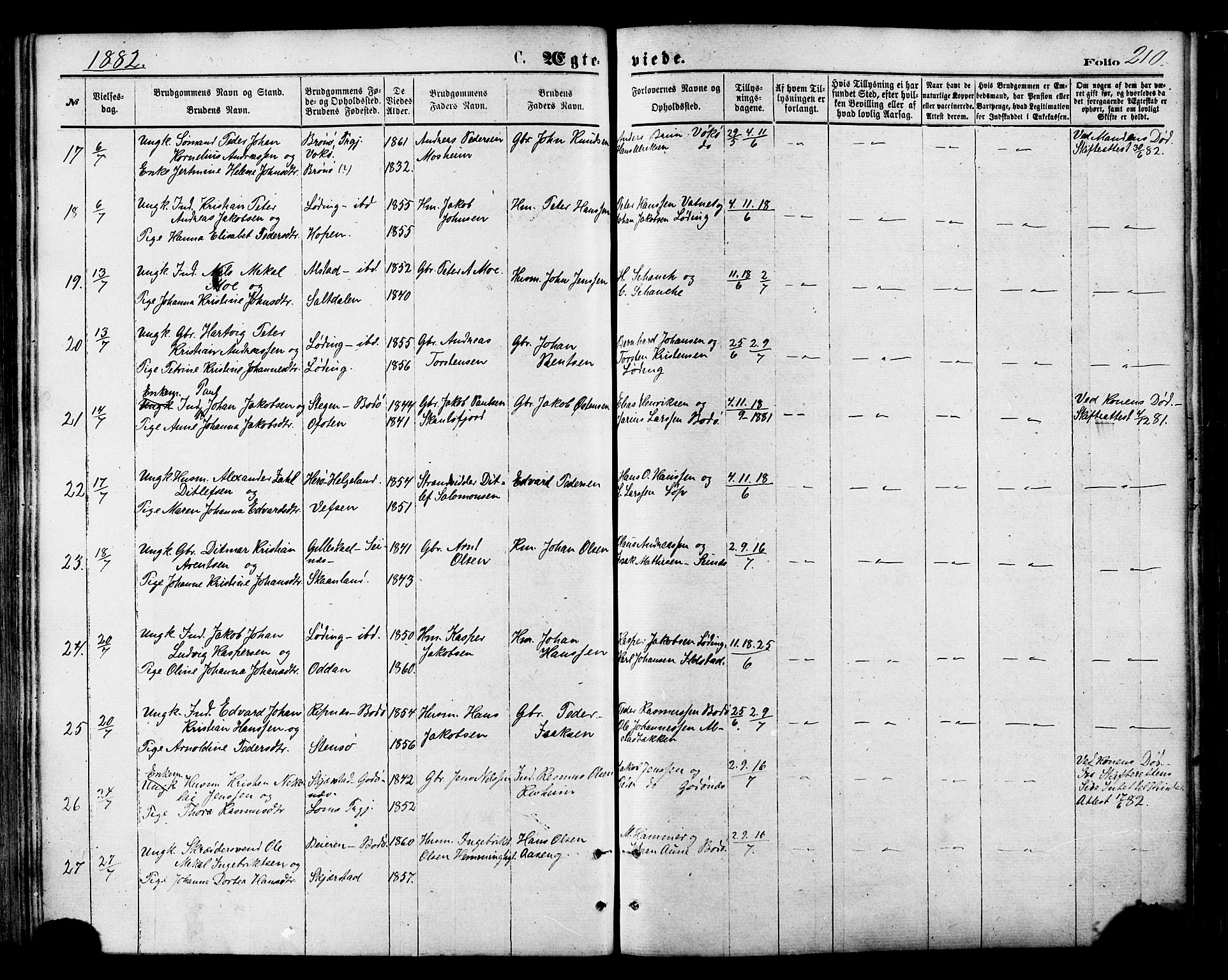 Ministerialprotokoller, klokkerbøker og fødselsregistre - Nordland, AV/SAT-A-1459/801/L0009: Parish register (official) no. 801A09, 1876-1883, p. 210