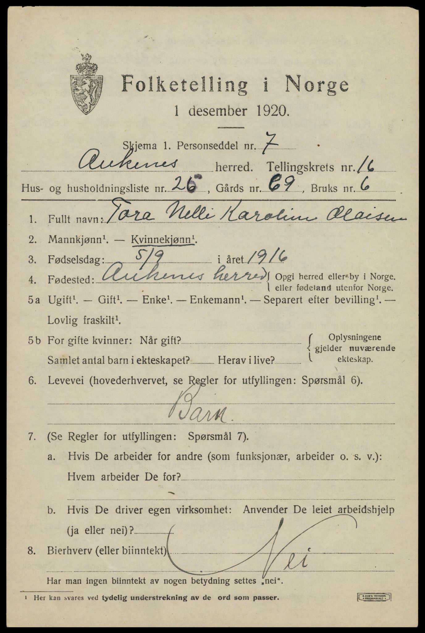 SAT, 1920 census for Ankenes, 1920, p. 7769