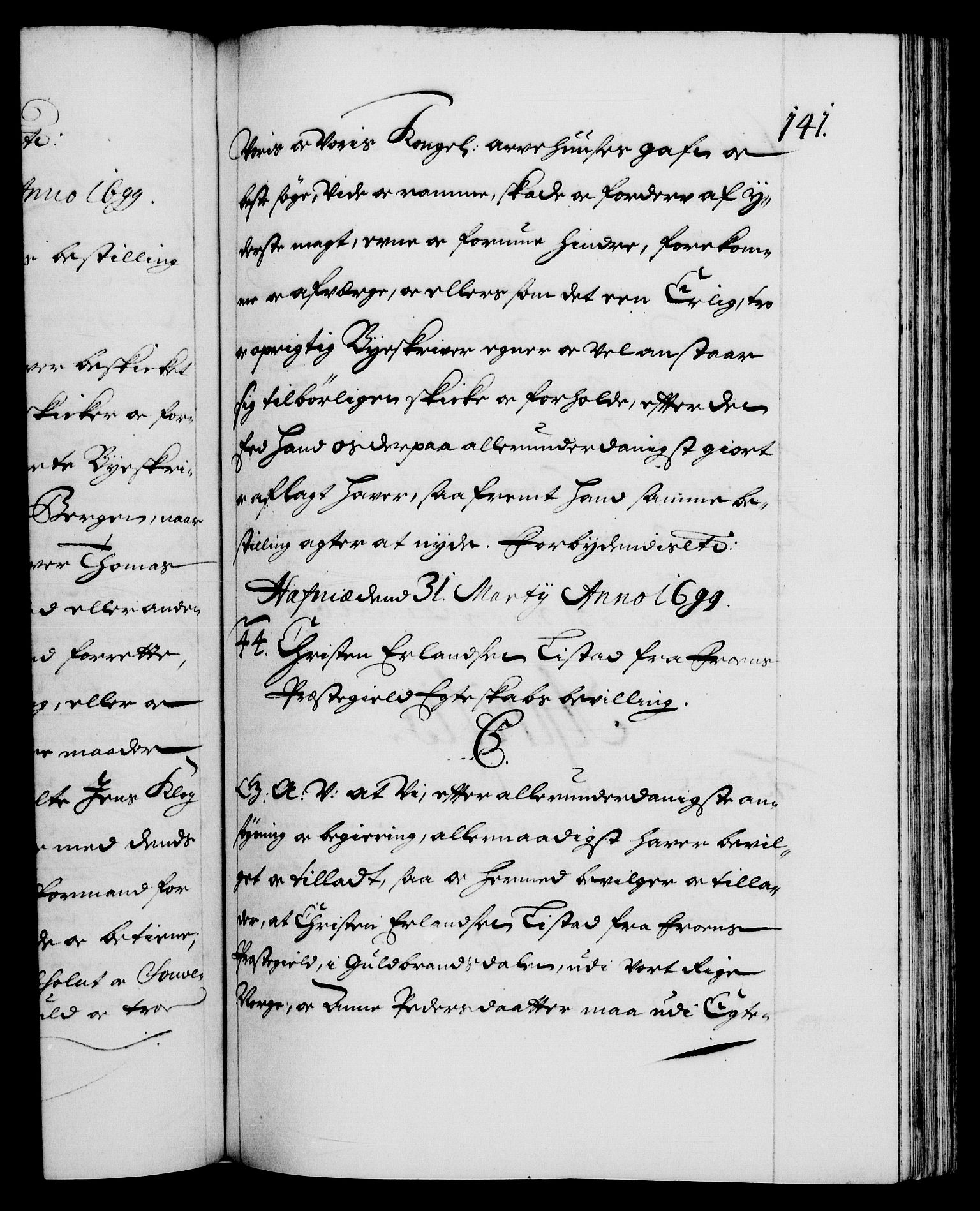 Danske Kanselli 1572-1799, RA/EA-3023/F/Fc/Fca/Fcaa/L0017: Norske registre (mikrofilm), 1698-1699, p. 141a