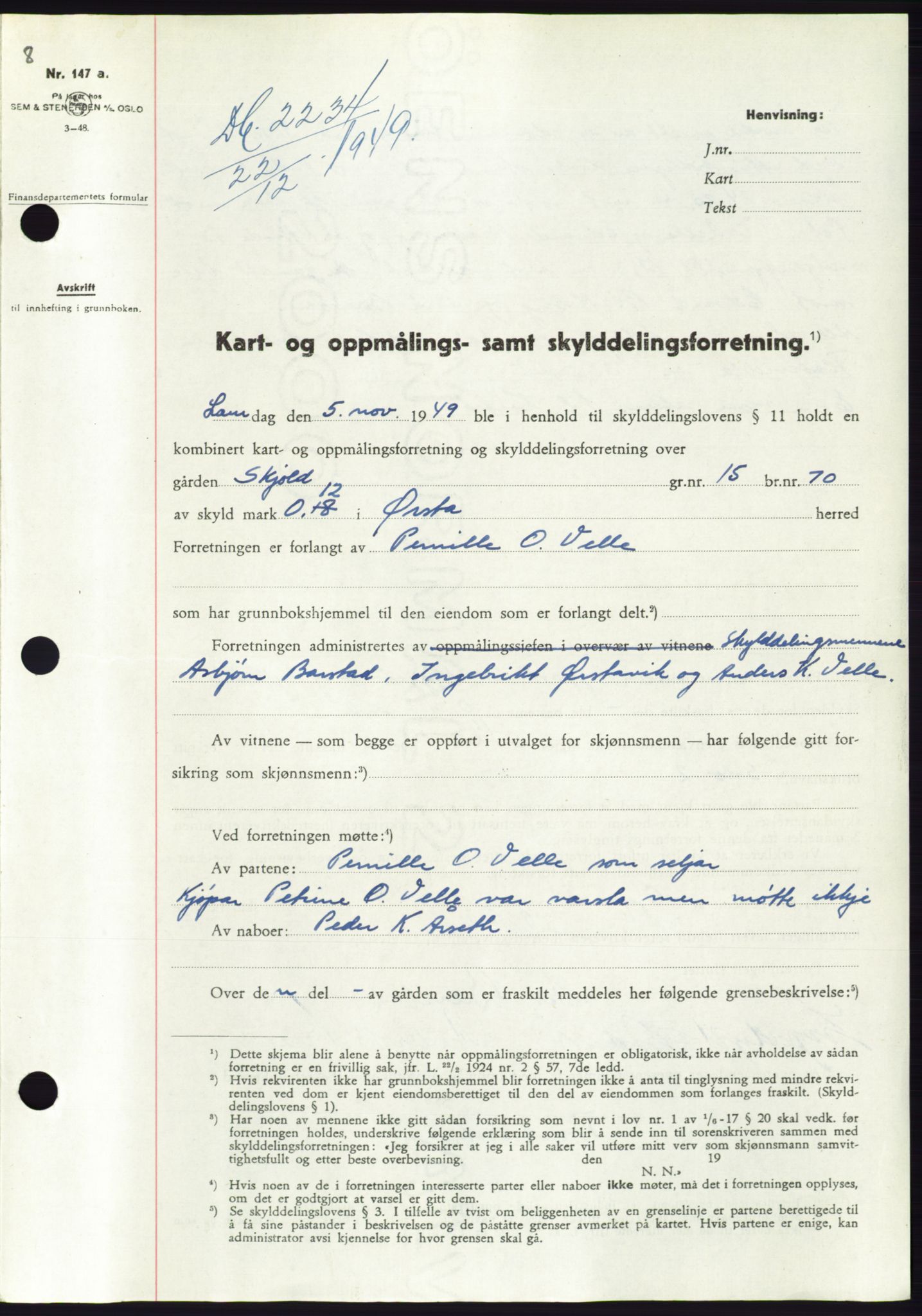 Søre Sunnmøre sorenskriveri, AV/SAT-A-4122/1/2/2C/L0085: Mortgage book no. 11A, 1949-1949, Diary no: : 2234/1949