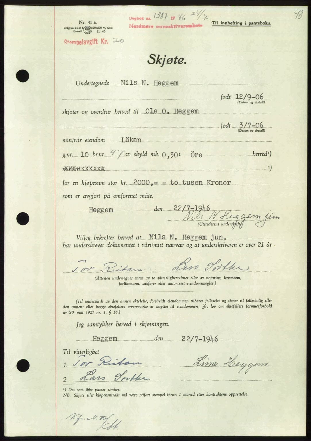 Nordmøre sorenskriveri, AV/SAT-A-4132/1/2/2Ca: Mortgage book no. A102, 1946-1946, Diary no: : 1387/1946