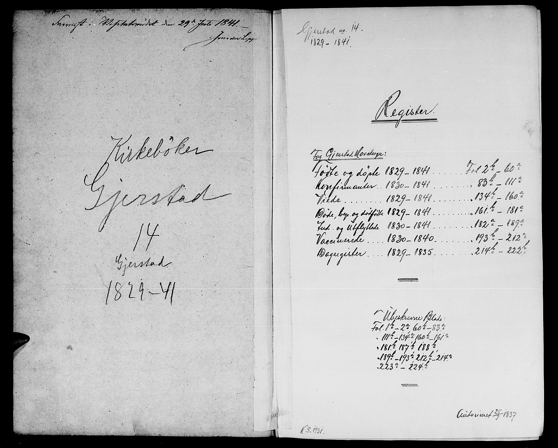Gjerstad sokneprestkontor, SAK/1111-0014/F/Fa/Faa/L0005: Parish register (official) no. A 5, 1829-1841