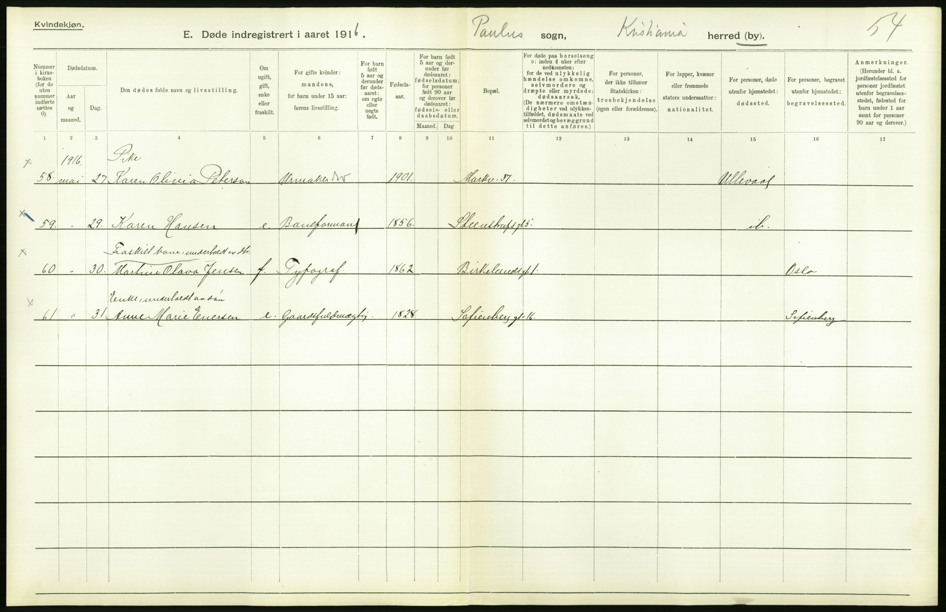 Statistisk sentralbyrå, Sosiodemografiske emner, Befolkning, AV/RA-S-2228/D/Df/Dfb/Dfbf/L0009: Kristiania: Døde., 1916, p. 16