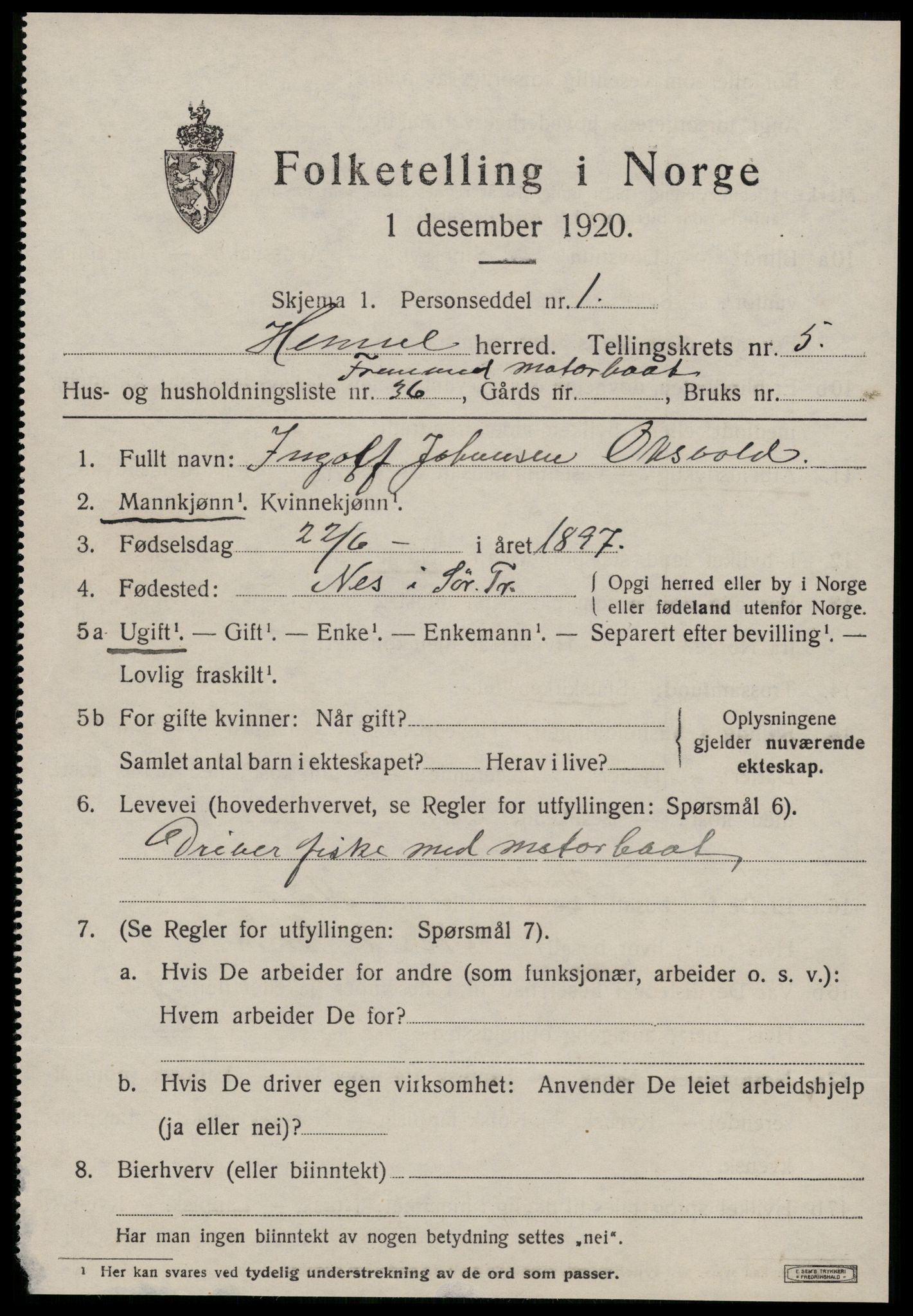 SAT, 1920 census for Hemne, 1920, p. 3516