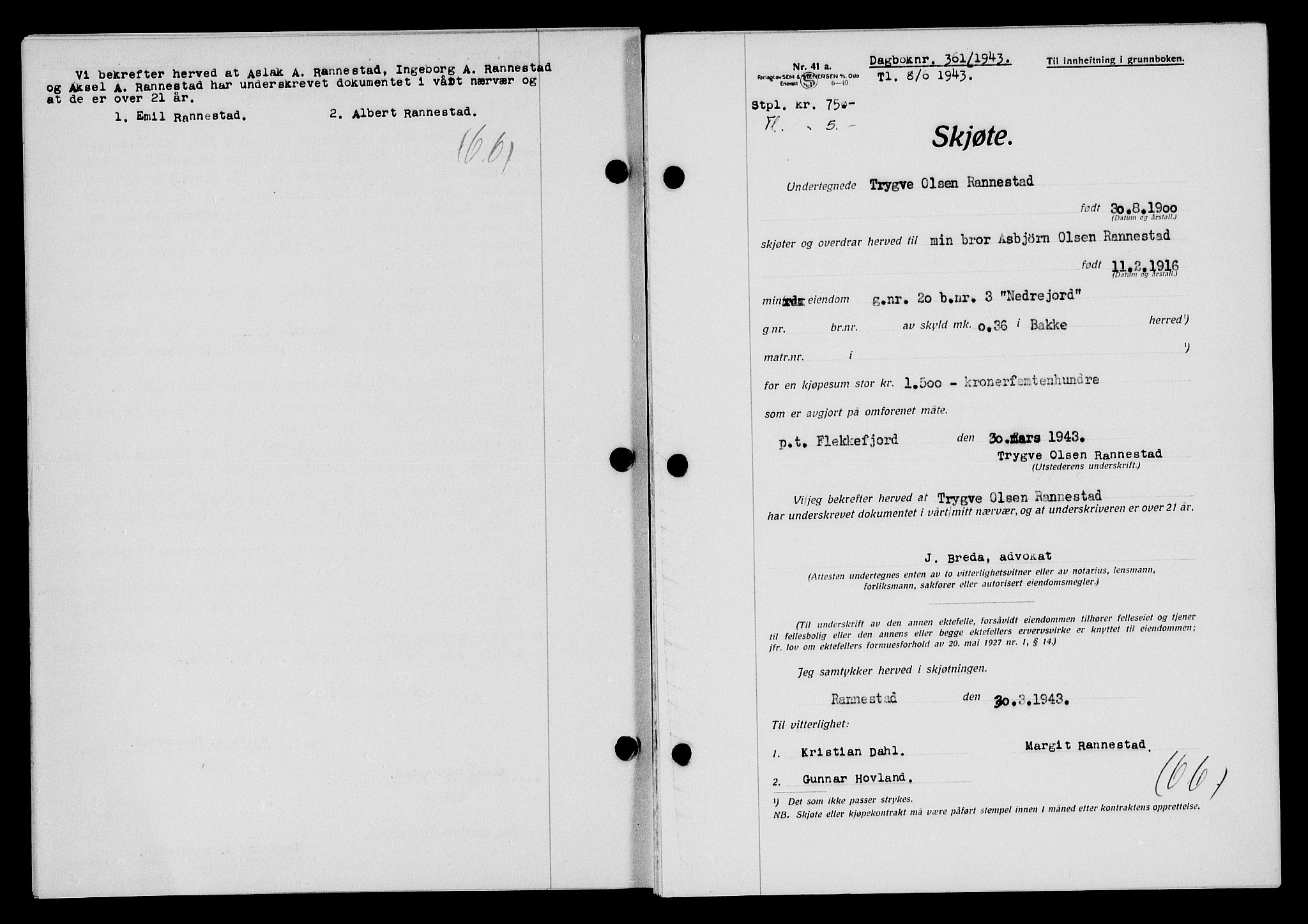 Flekkefjord sorenskriveri, SAK/1221-0001/G/Gb/Gba/L0058: Mortgage book no. A-6, 1942-1944, Diary no: : 361/1943