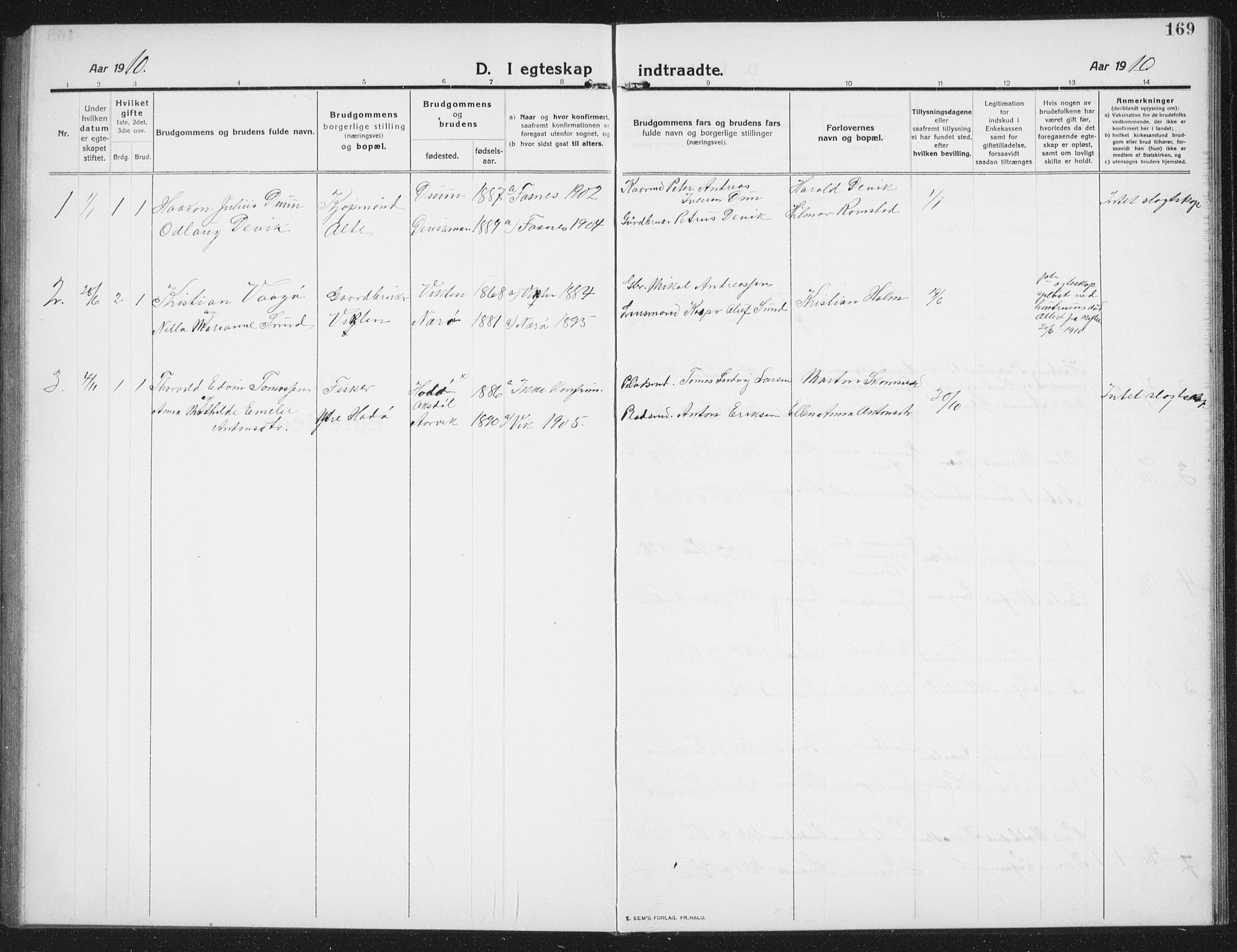 Ministerialprotokoller, klokkerbøker og fødselsregistre - Nord-Trøndelag, AV/SAT-A-1458/774/L0630: Parish register (copy) no. 774C01, 1910-1934, p. 169