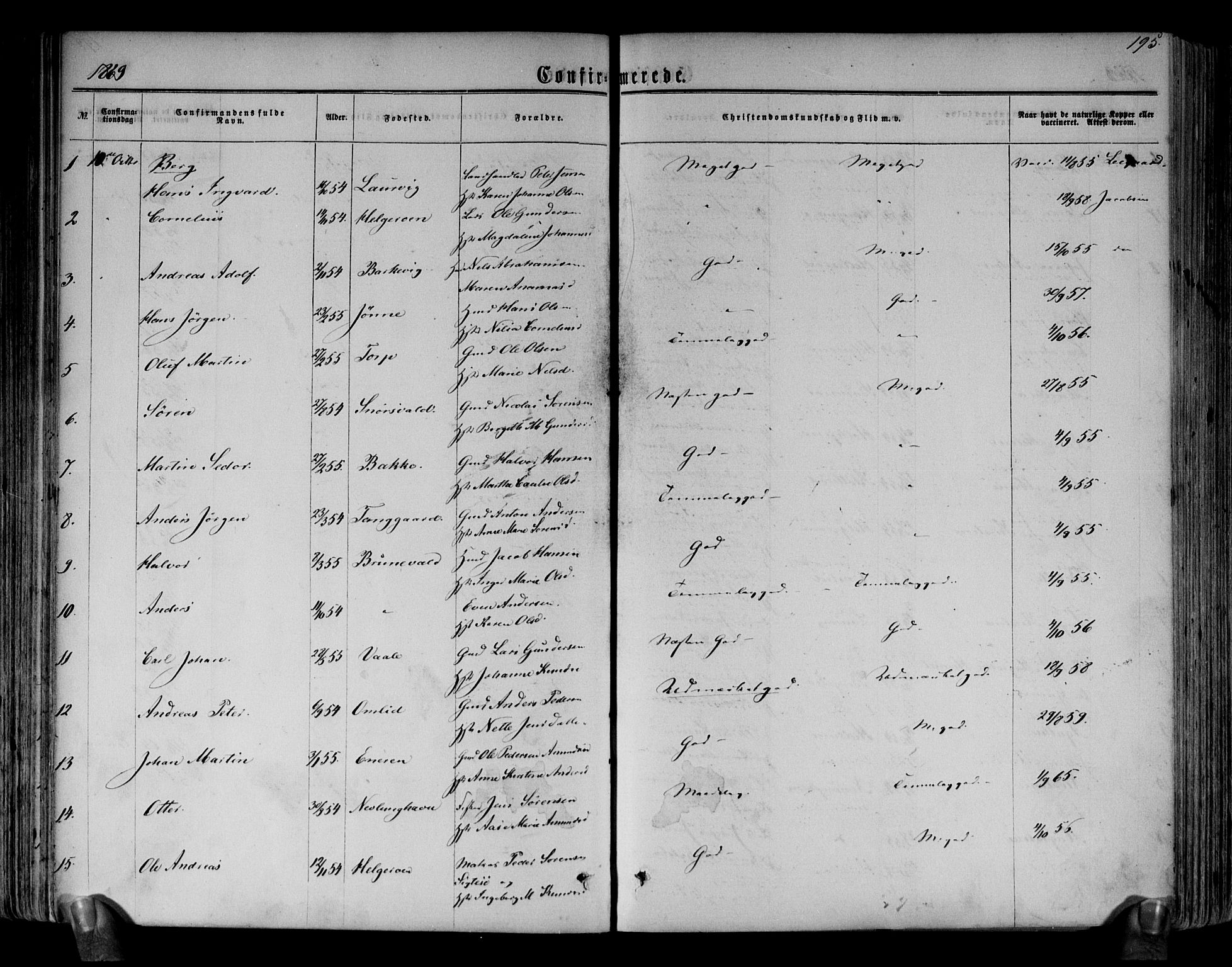 Brunlanes kirkebøker, AV/SAKO-A-342/F/Fa/L0005: Parish register (official) no. I 5, 1862-1877, p. 195