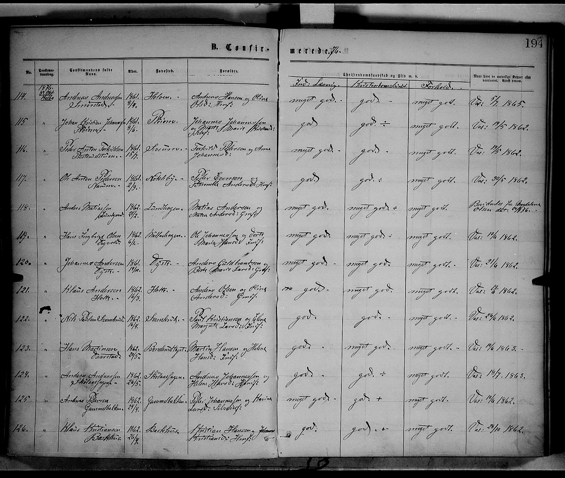 Vestre Toten prestekontor, AV/SAH-PREST-108/H/Ha/Haa/L0008: Parish register (official) no. 8, 1870-1877, p. 194