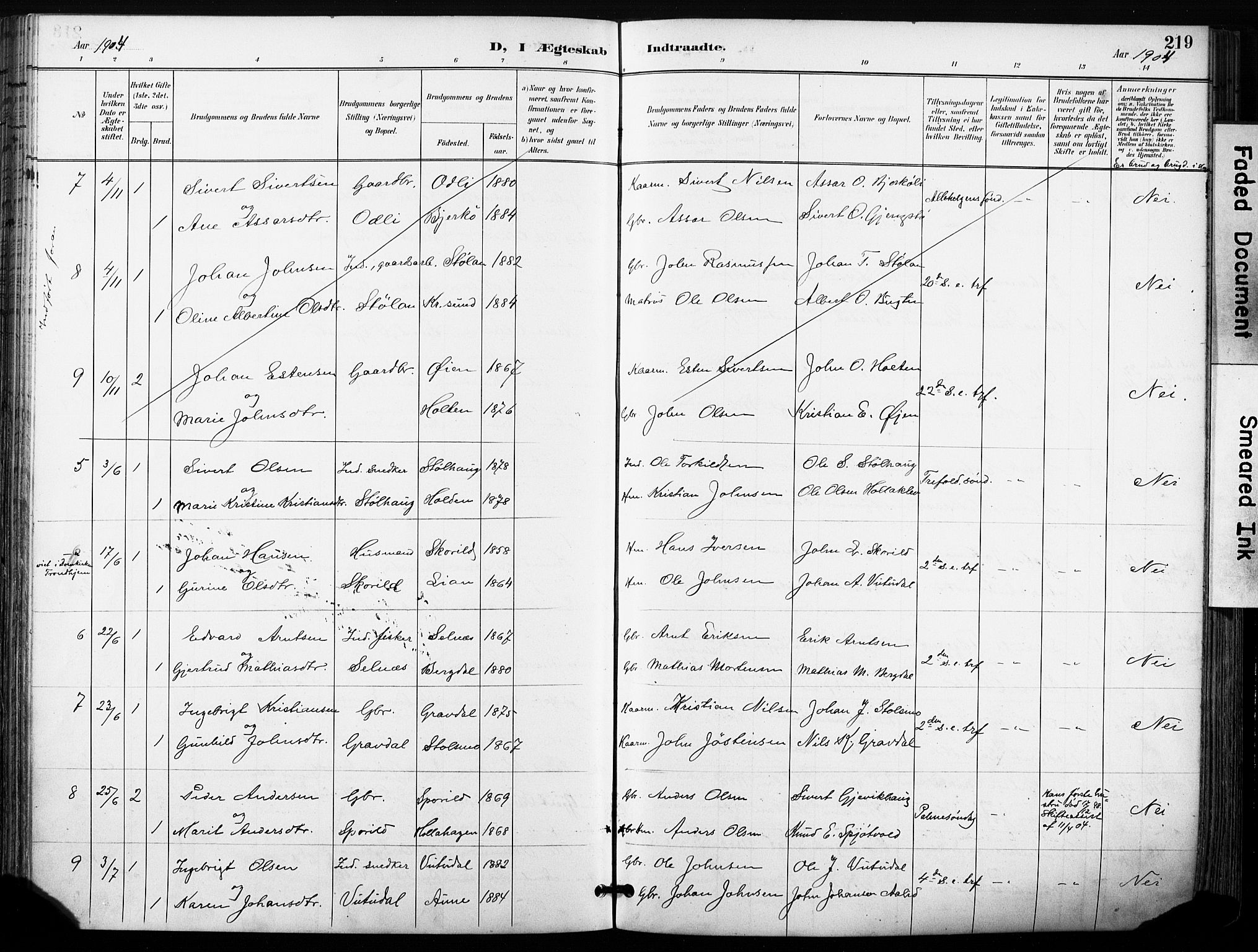 Ministerialprotokoller, klokkerbøker og fødselsregistre - Sør-Trøndelag, SAT/A-1456/630/L0497: Parish register (official) no. 630A10, 1896-1910, p. 219