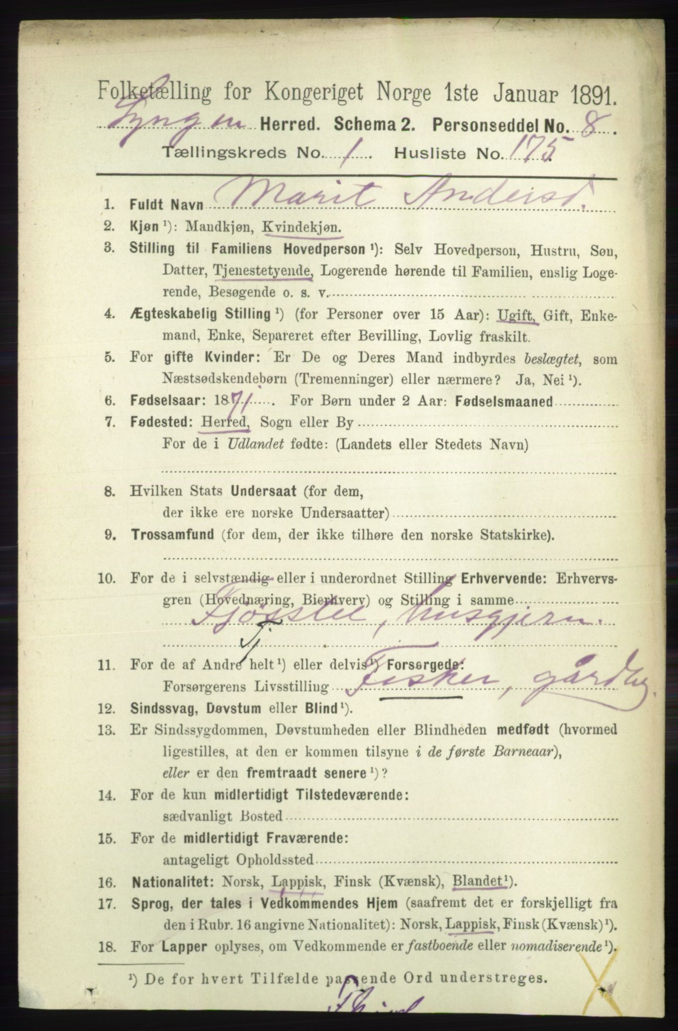 RA, 1891 census for 1938 Lyngen, 1891, p. 1438