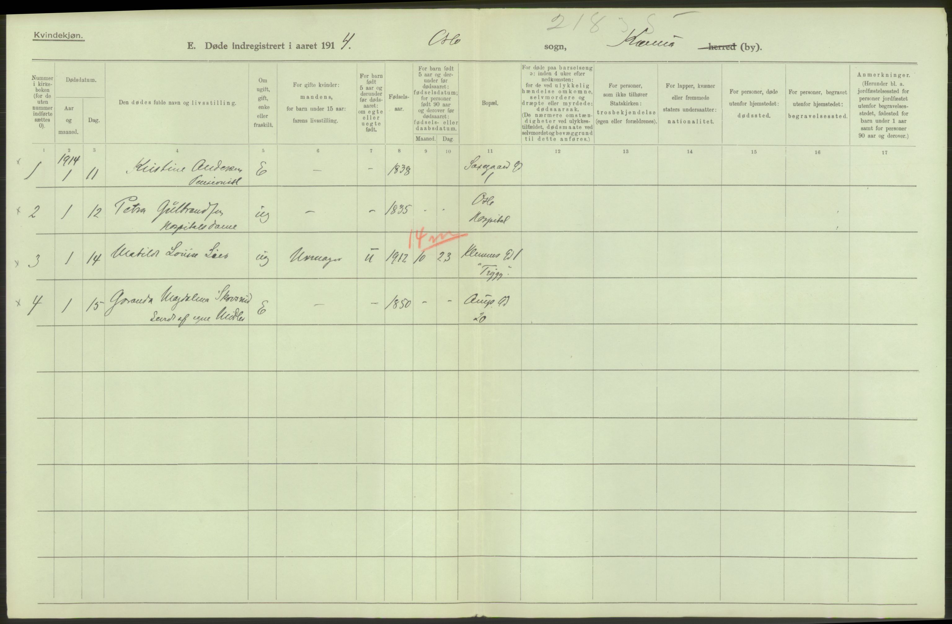 Statistisk sentralbyrå, Sosiodemografiske emner, Befolkning, AV/RA-S-2228/D/Df/Dfb/Dfbd/L0008: Kristiania: Døde, 1914, p. 166