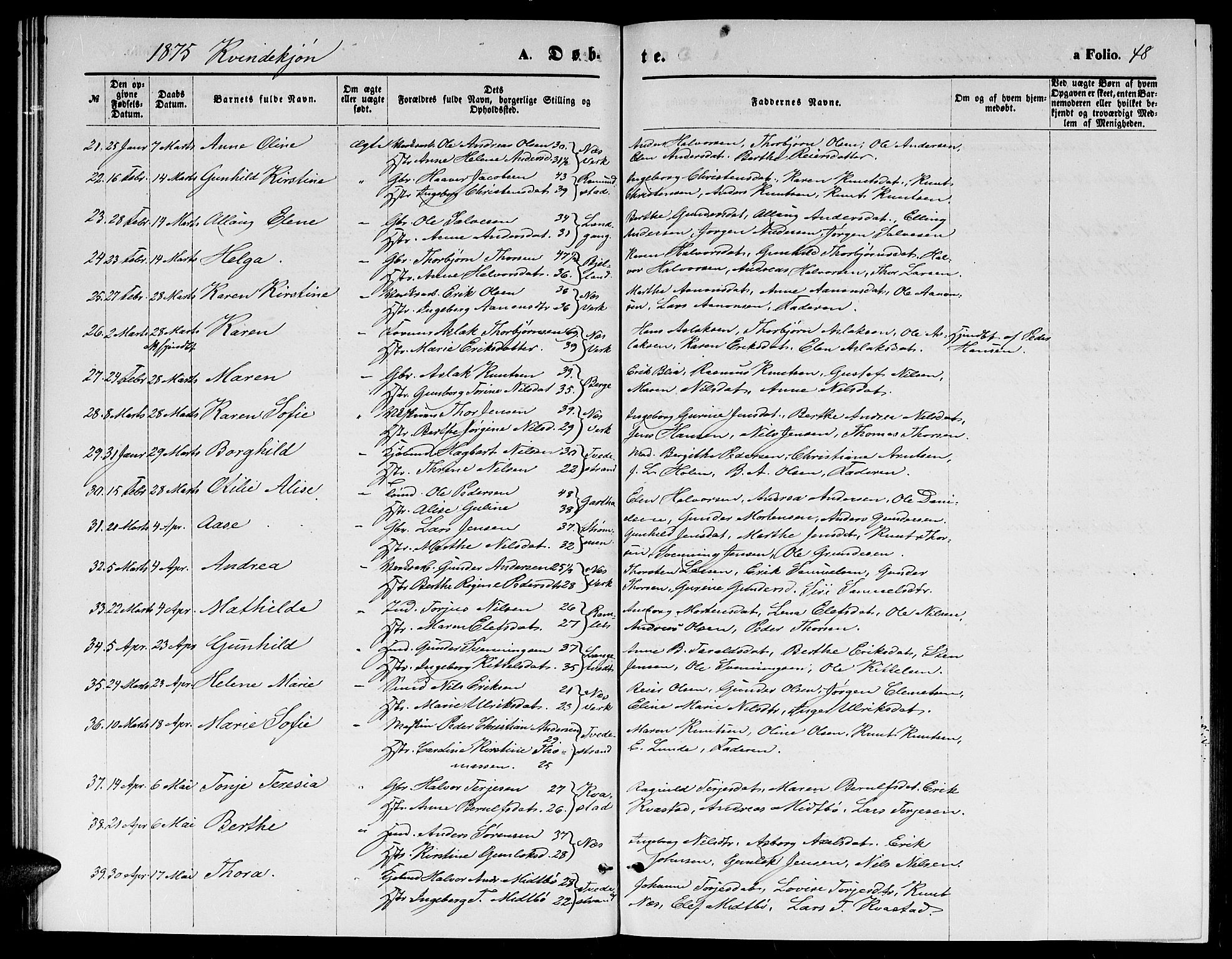 Holt sokneprestkontor, SAK/1111-0021/F/Fb/L0009: Parish register (copy) no. B 9, 1871-1883, p. 48
