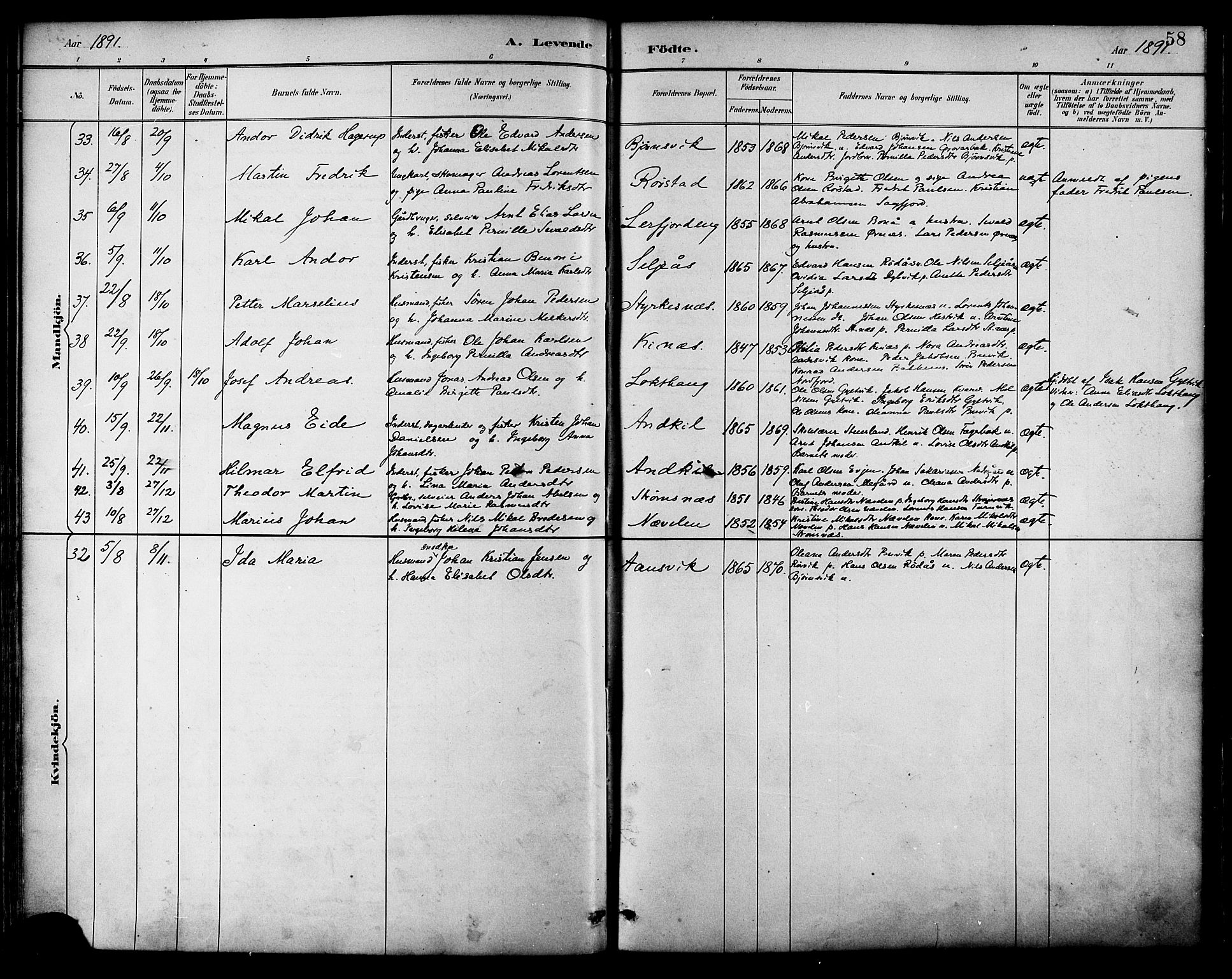 Ministerialprotokoller, klokkerbøker og fødselsregistre - Nordland, AV/SAT-A-1459/854/L0777: Parish register (official) no. 854A01 /1, 1883-1891, p. 58