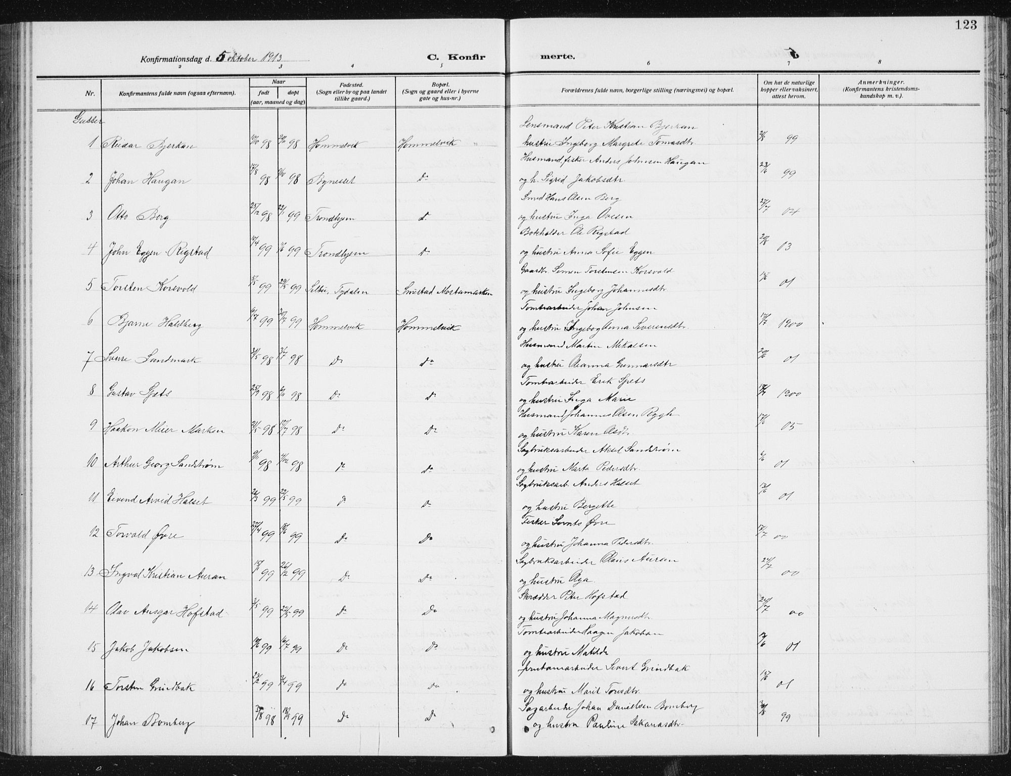 Ministerialprotokoller, klokkerbøker og fødselsregistre - Sør-Trøndelag, AV/SAT-A-1456/617/L0431: Parish register (copy) no. 617C02, 1910-1936, p. 123