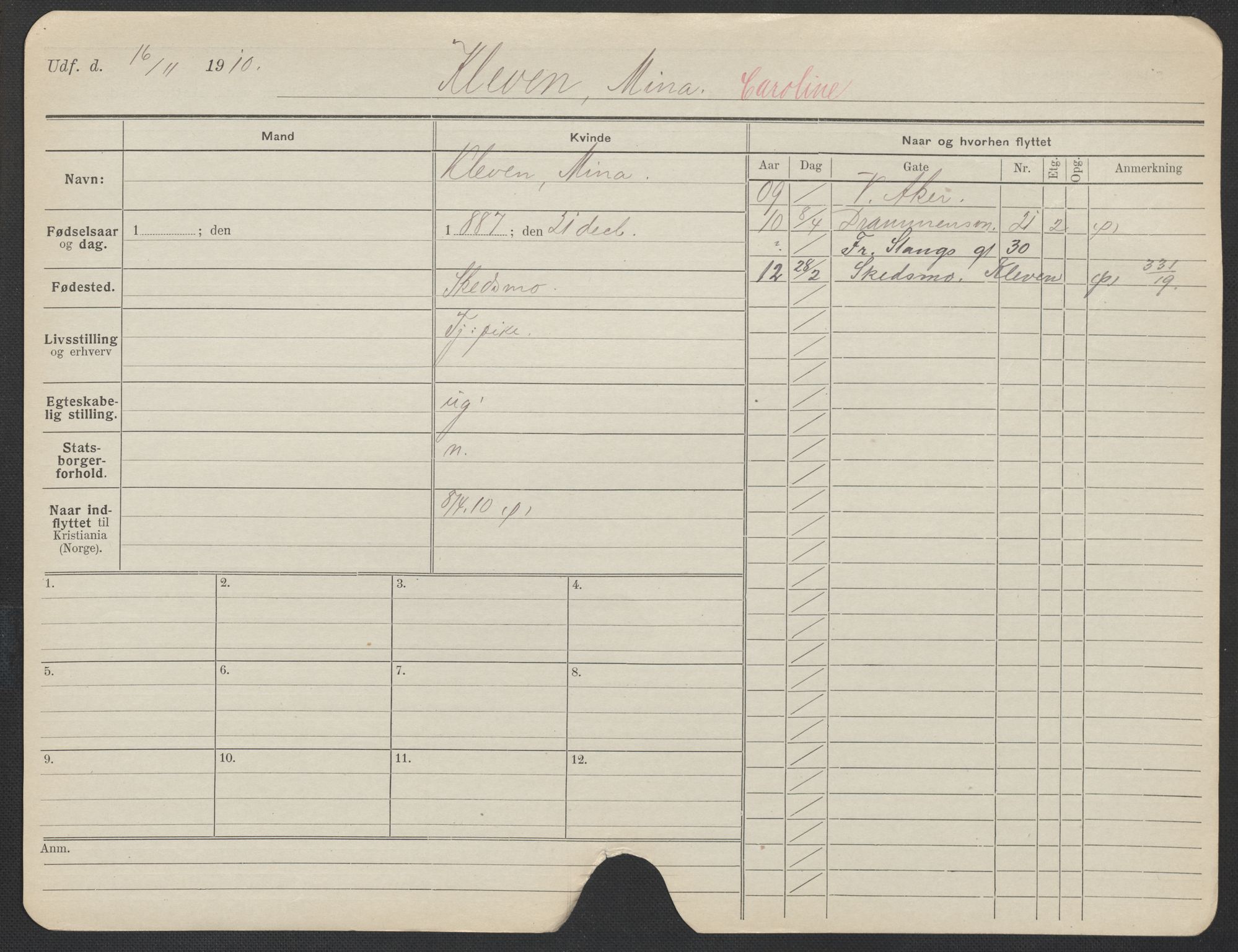 Oslo folkeregister, Registerkort, AV/SAO-A-11715/F/Fa/Fac/L0018: Kvinner, 1906-1914, p. 1147a