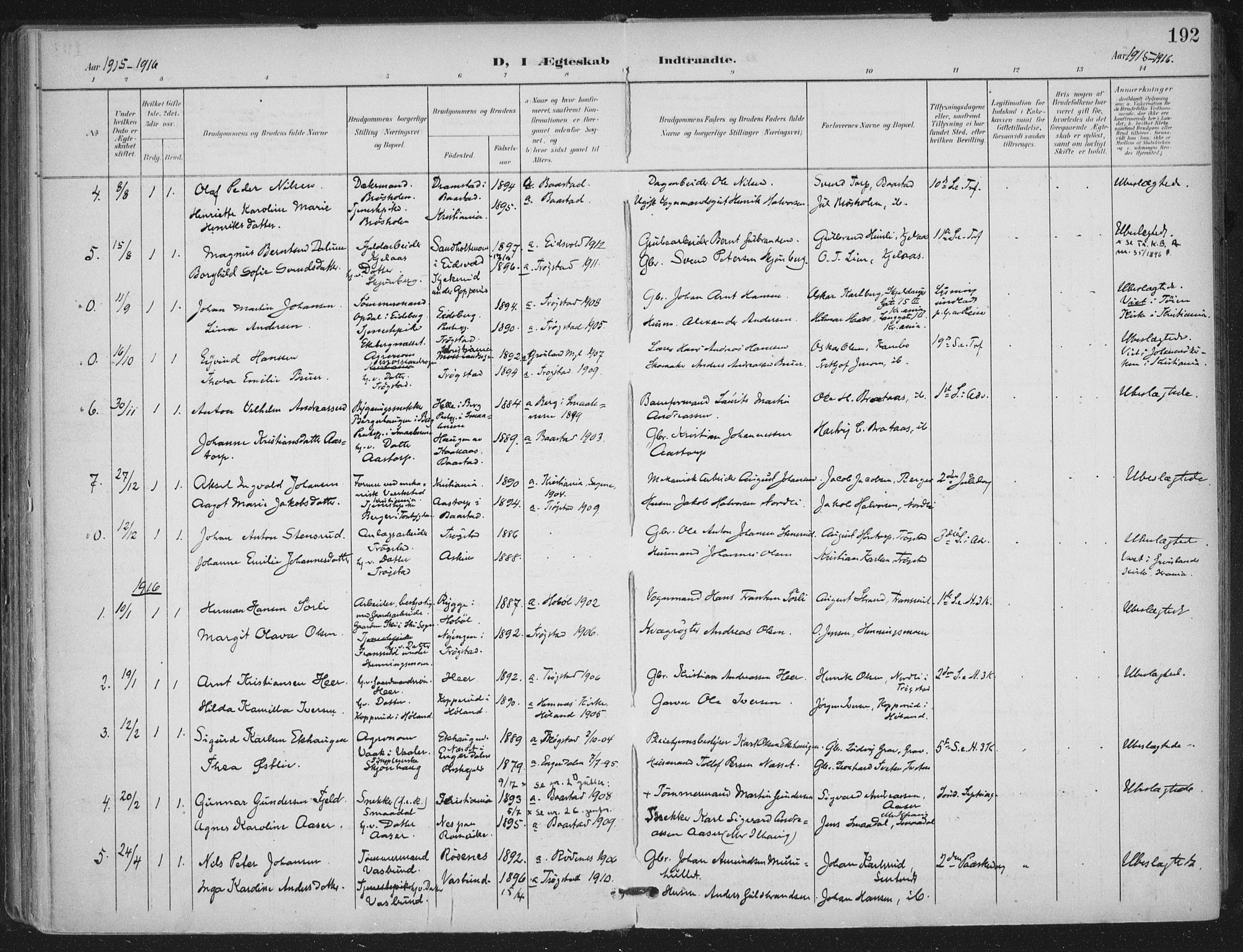 Trøgstad prestekontor Kirkebøker, AV/SAO-A-10925/F/Fa/L0011: Parish register (official) no. I 11, 1899-1919, p. 192