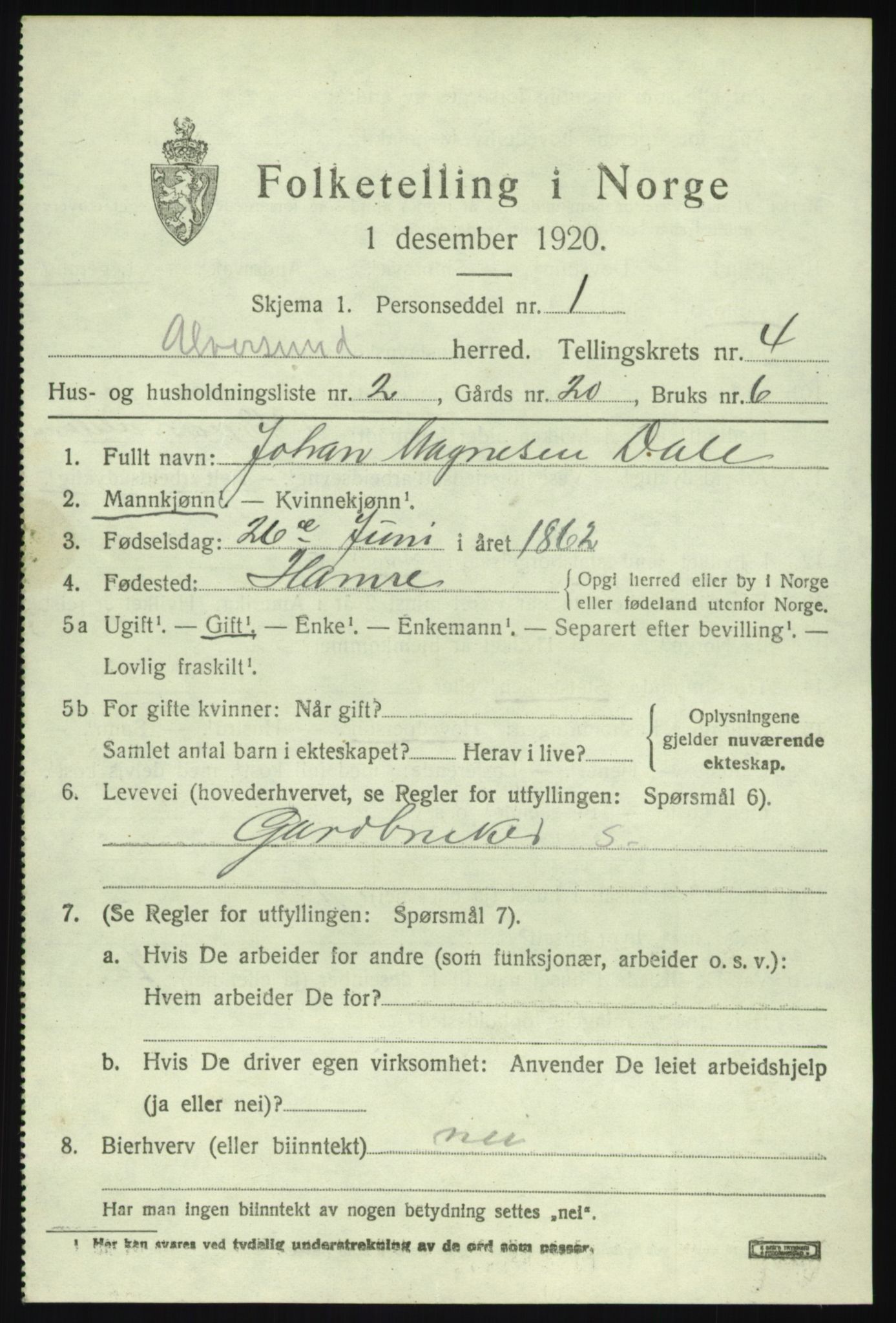 SAB, 1920 census for Alversund, 1920, p. 2680