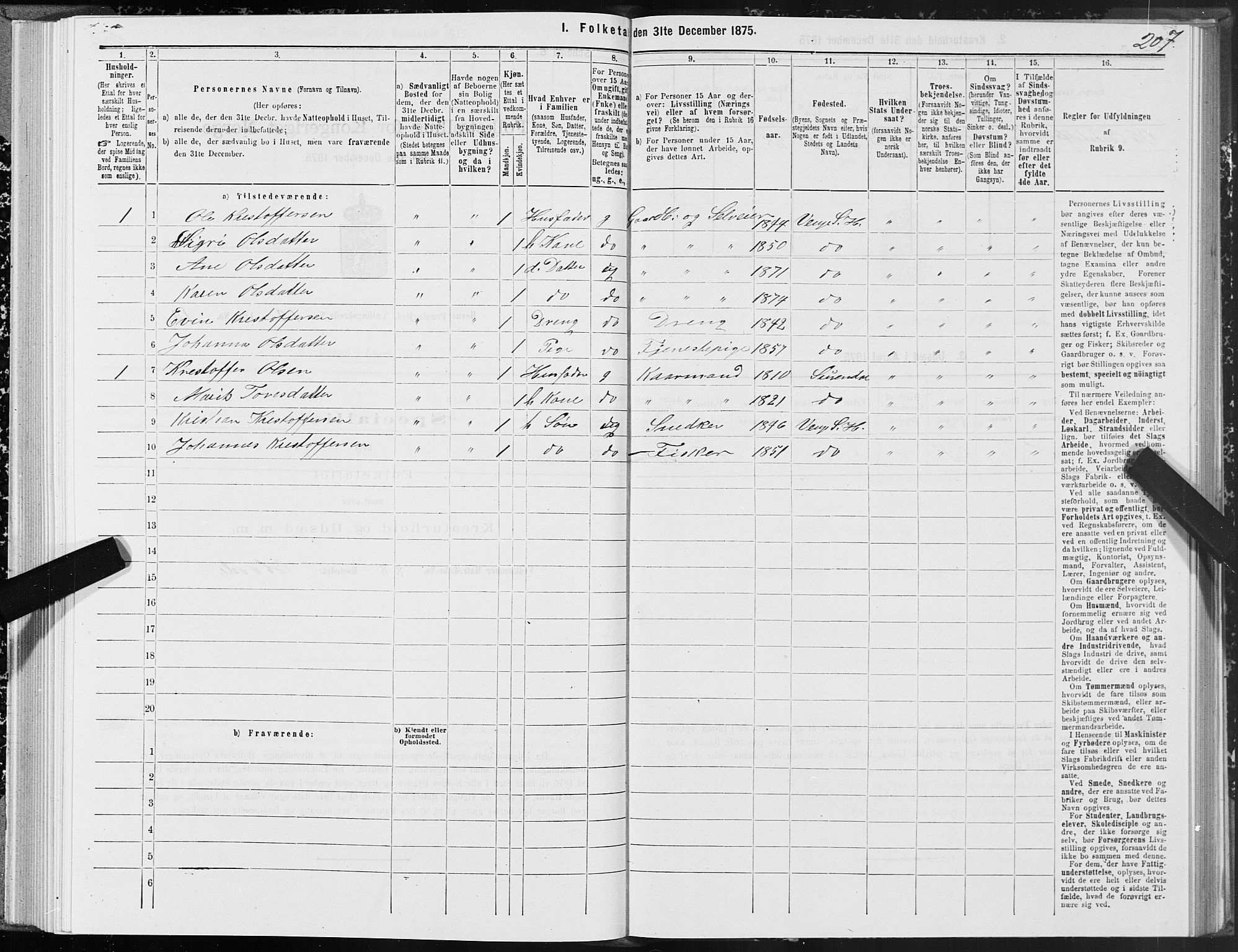 SAT, 1875 census for 1612P Hemne, 1875, p. 5207