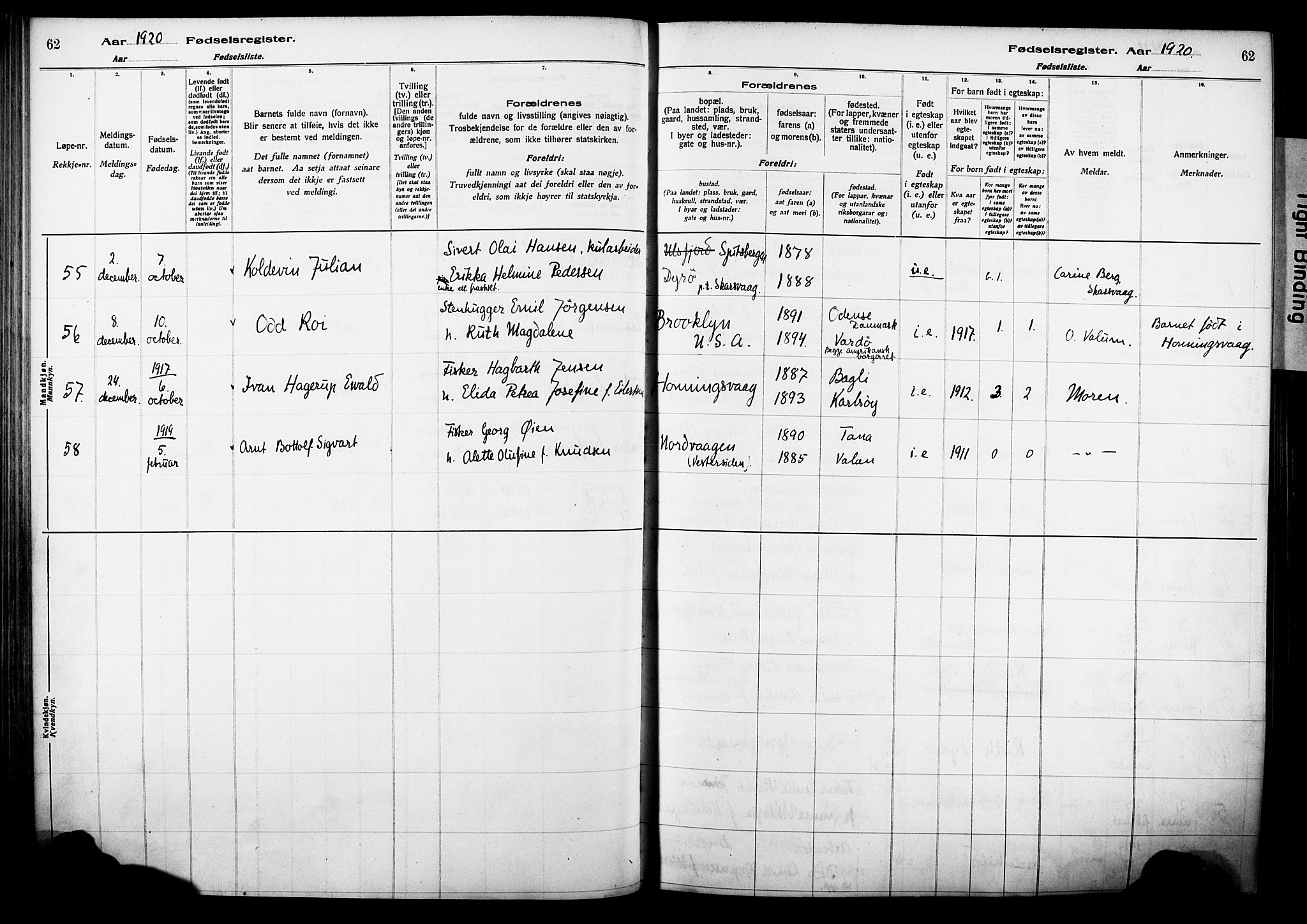 Kjelvik/Nordkapp sokneprestkontor, AV/SATØ-S-1350/I/Ia/L0015: Birth register no. 15, 1916-1930, p. 62