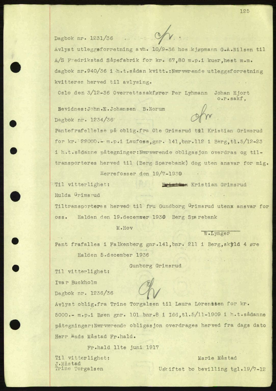 Idd og Marker sorenskriveri, AV/SAO-A-10283/G/Gb/Gbc/L0001: Mortgage book no. B1-3, 1936-1939, Diary no: : 1231/1936