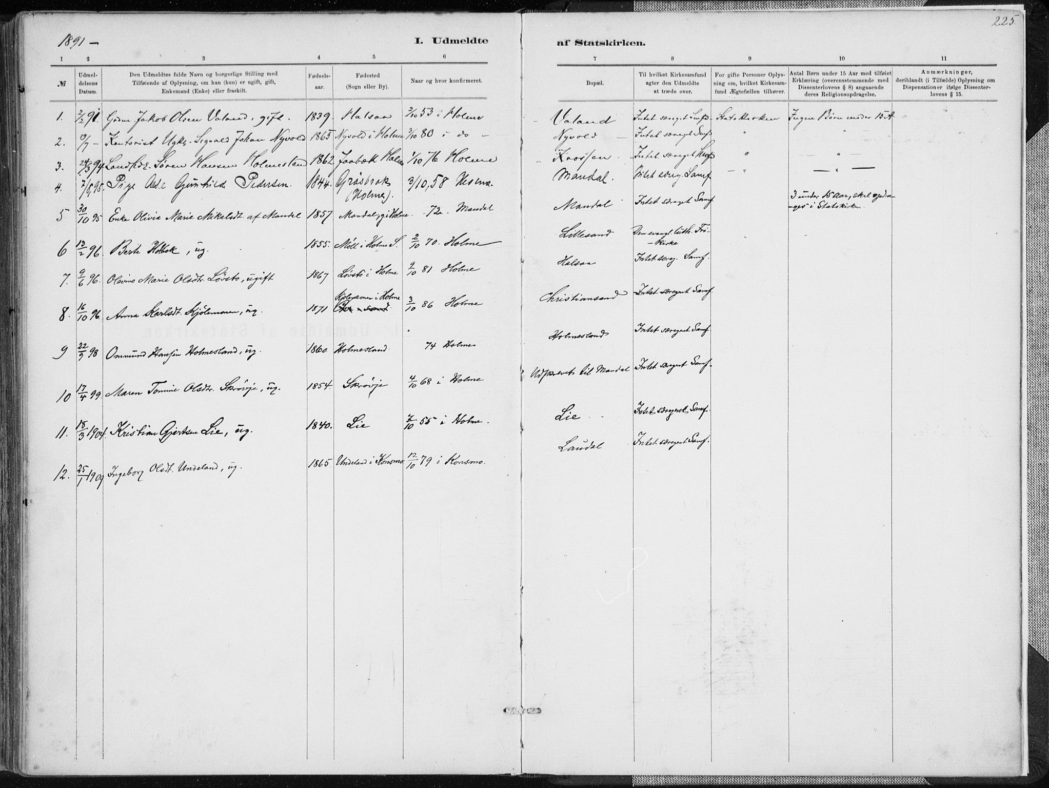 Holum sokneprestkontor, SAK/1111-0022/F/Fa/Faa/L0007: Parish register (official) no. A 7, 1884-1907, p. 225