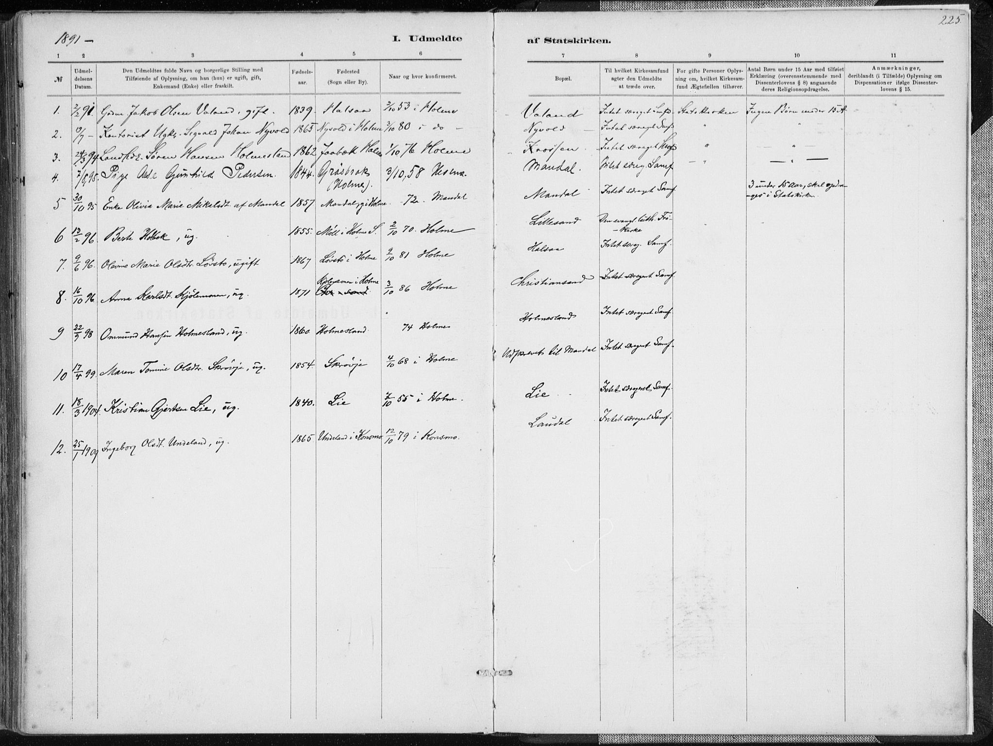 Holum sokneprestkontor, AV/SAK-1111-0022/F/Fa/Faa/L0007: Parish register (official) no. A 7, 1884-1907, p. 225