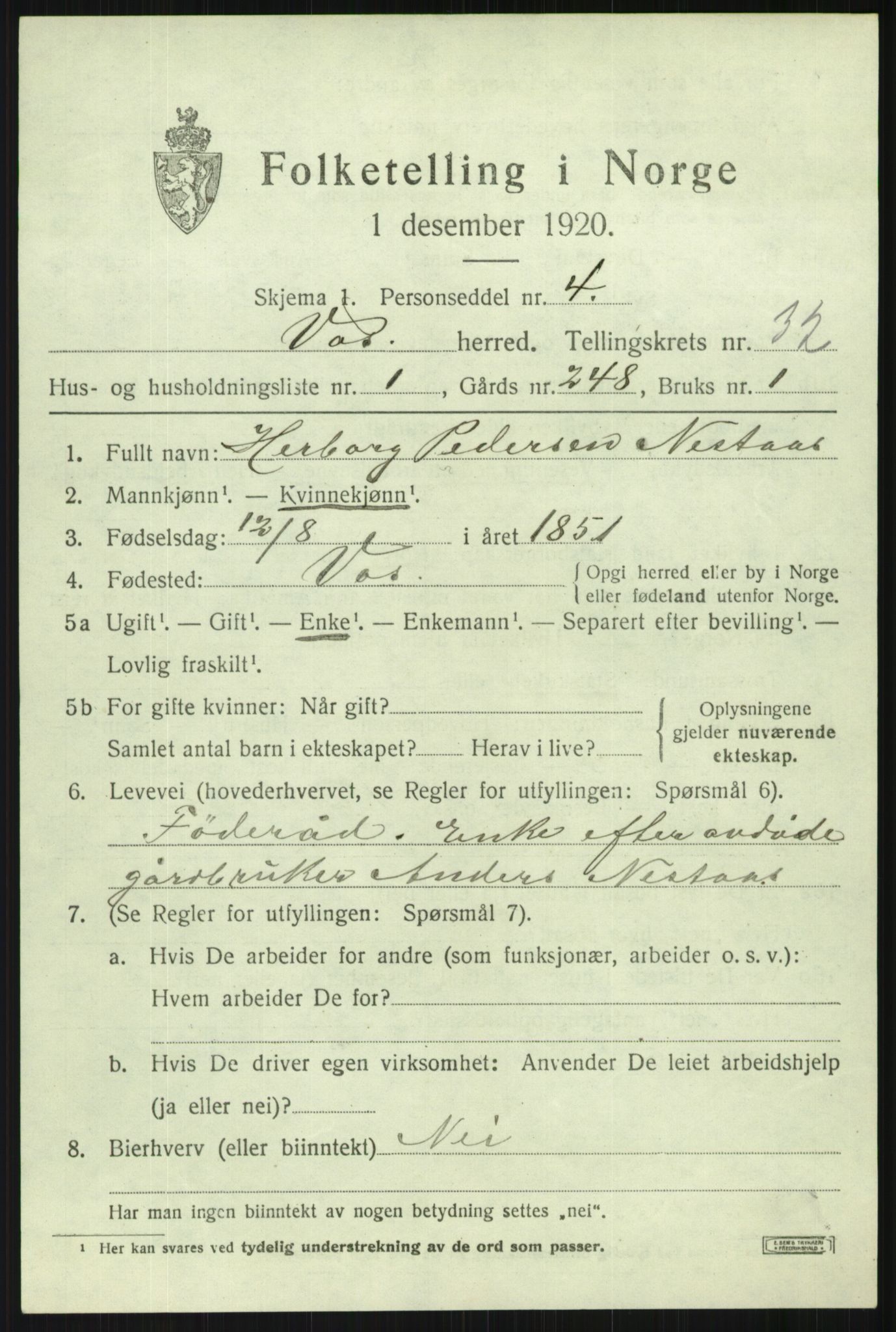 SAB, 1920 census for Voss, 1920, p. 20327