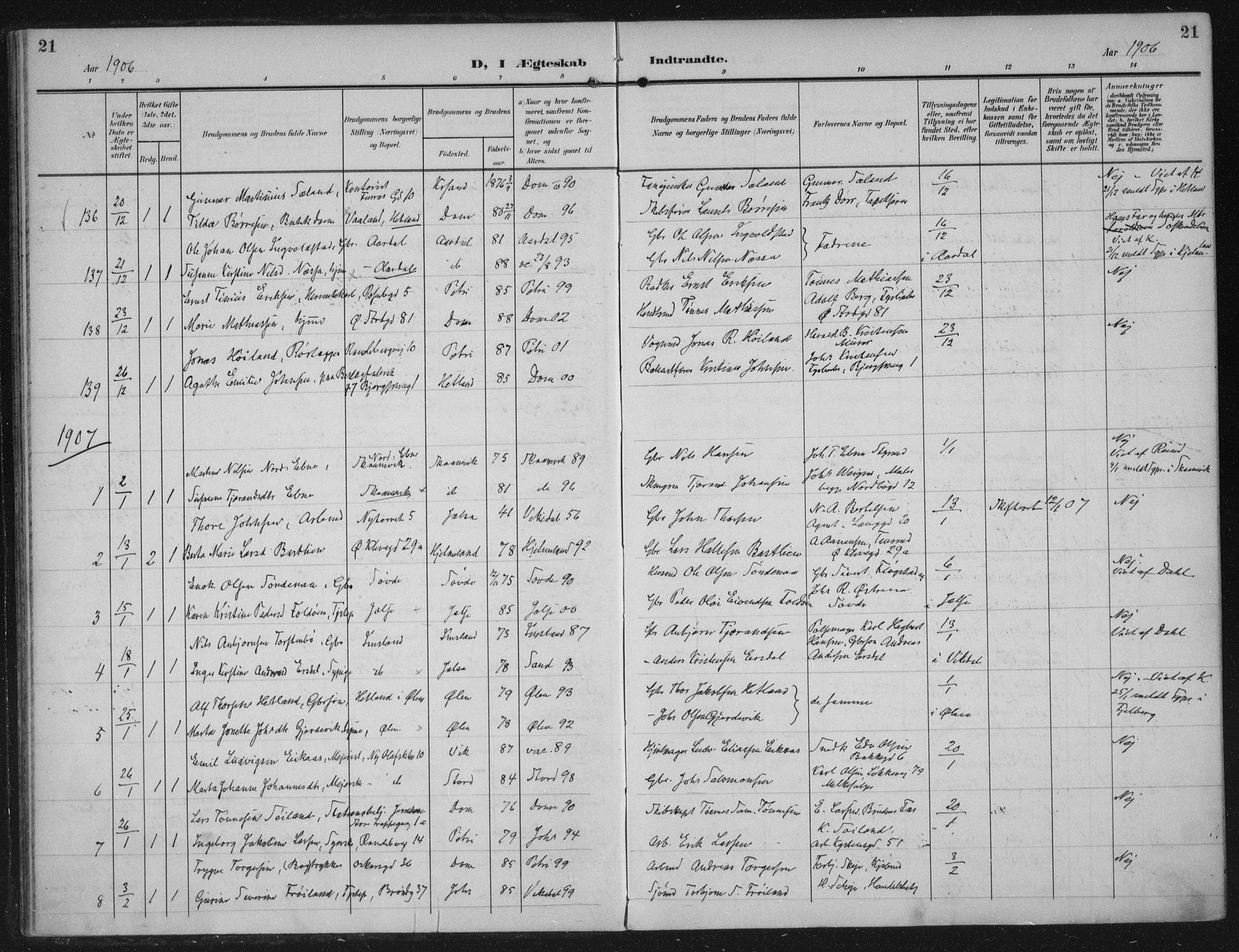 Domkirken sokneprestkontor, SAST/A-101812/002/A/L0016: Parish register (official) no. A 33, 1905-1922, p. 21