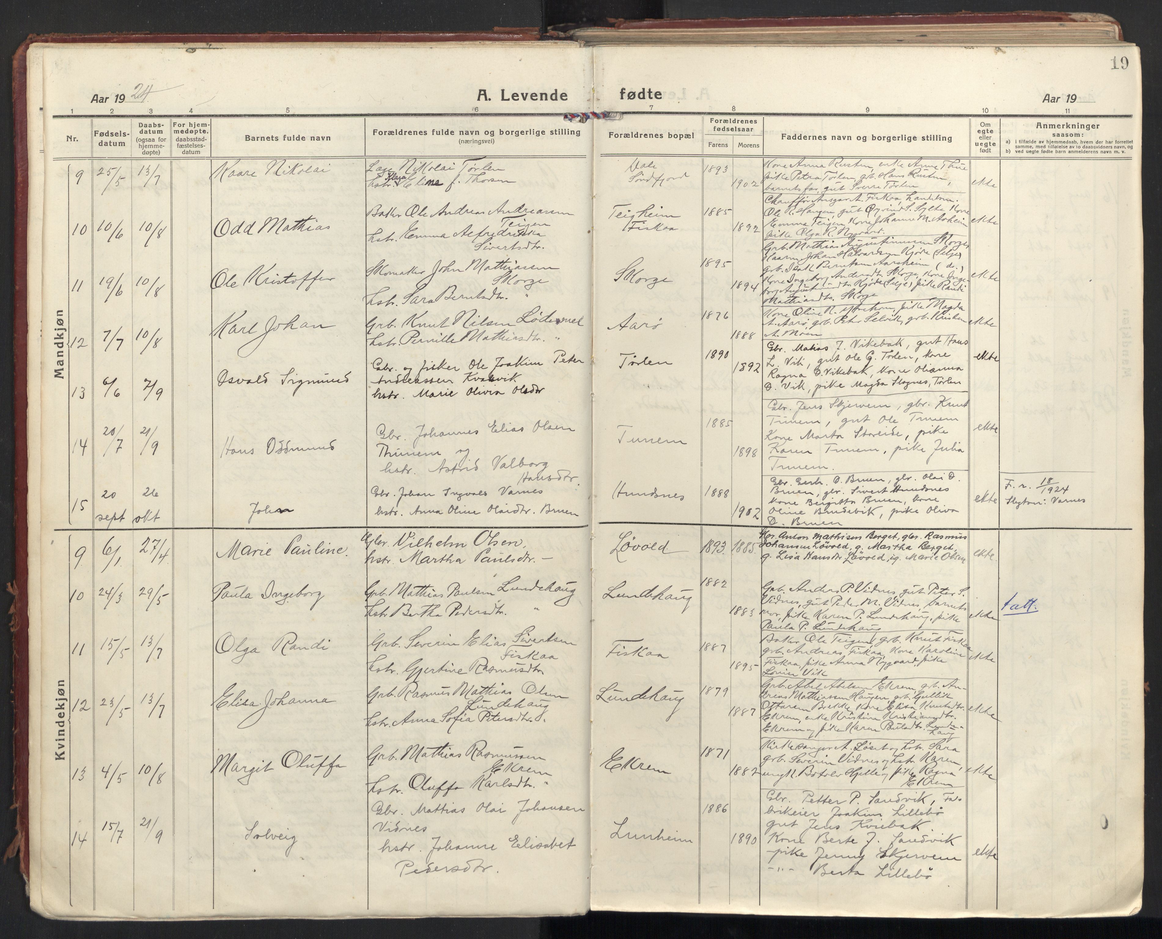 Ministerialprotokoller, klokkerbøker og fødselsregistre - Møre og Romsdal, AV/SAT-A-1454/501/L0012: Parish register (official) no. 501A12, 1920-1946, p. 19