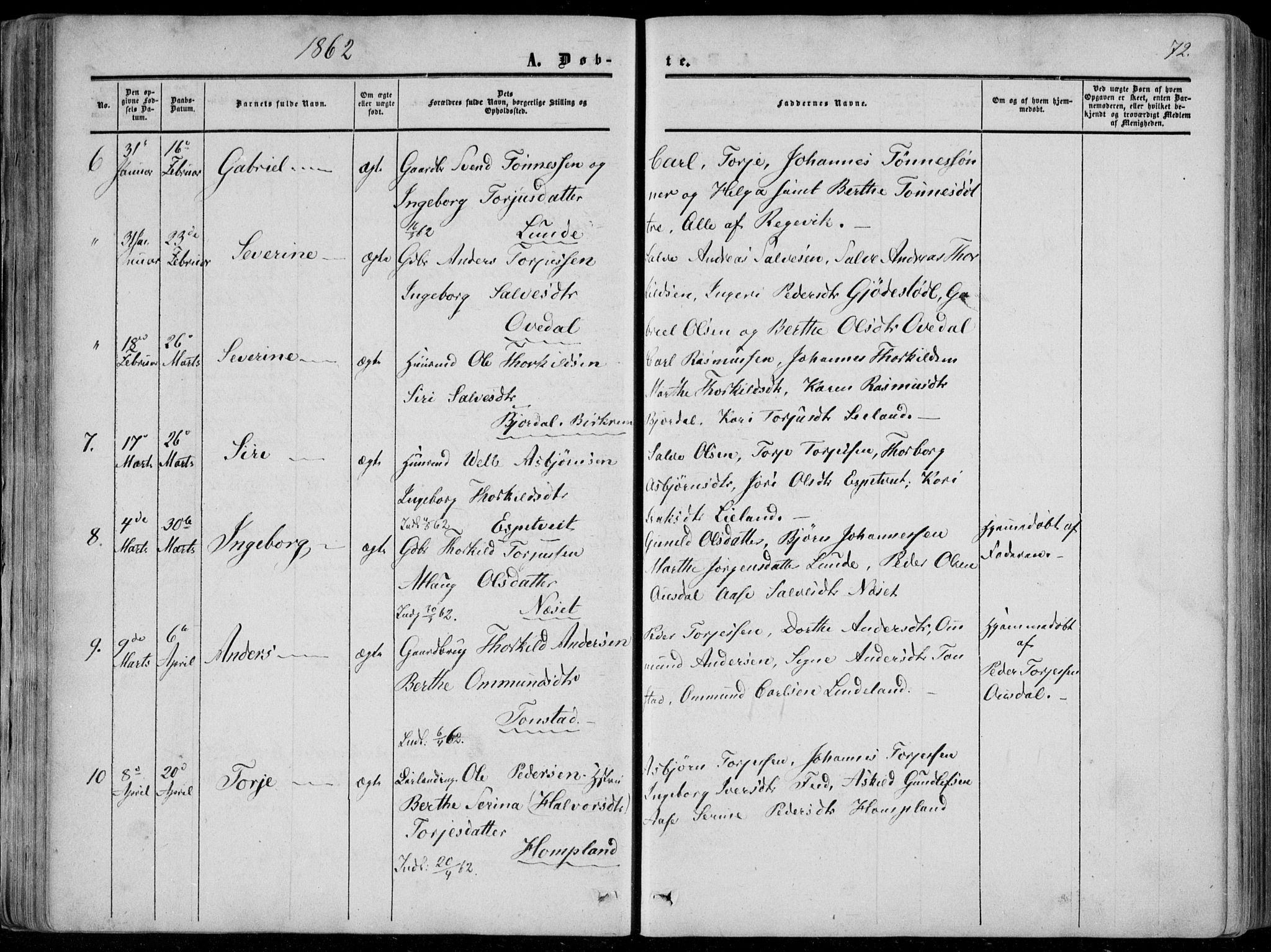 Sirdal sokneprestkontor, AV/SAK-1111-0036/F/Fa/Fab/L0002: Parish register (official) no. A 2, 1855-1874, p. 72