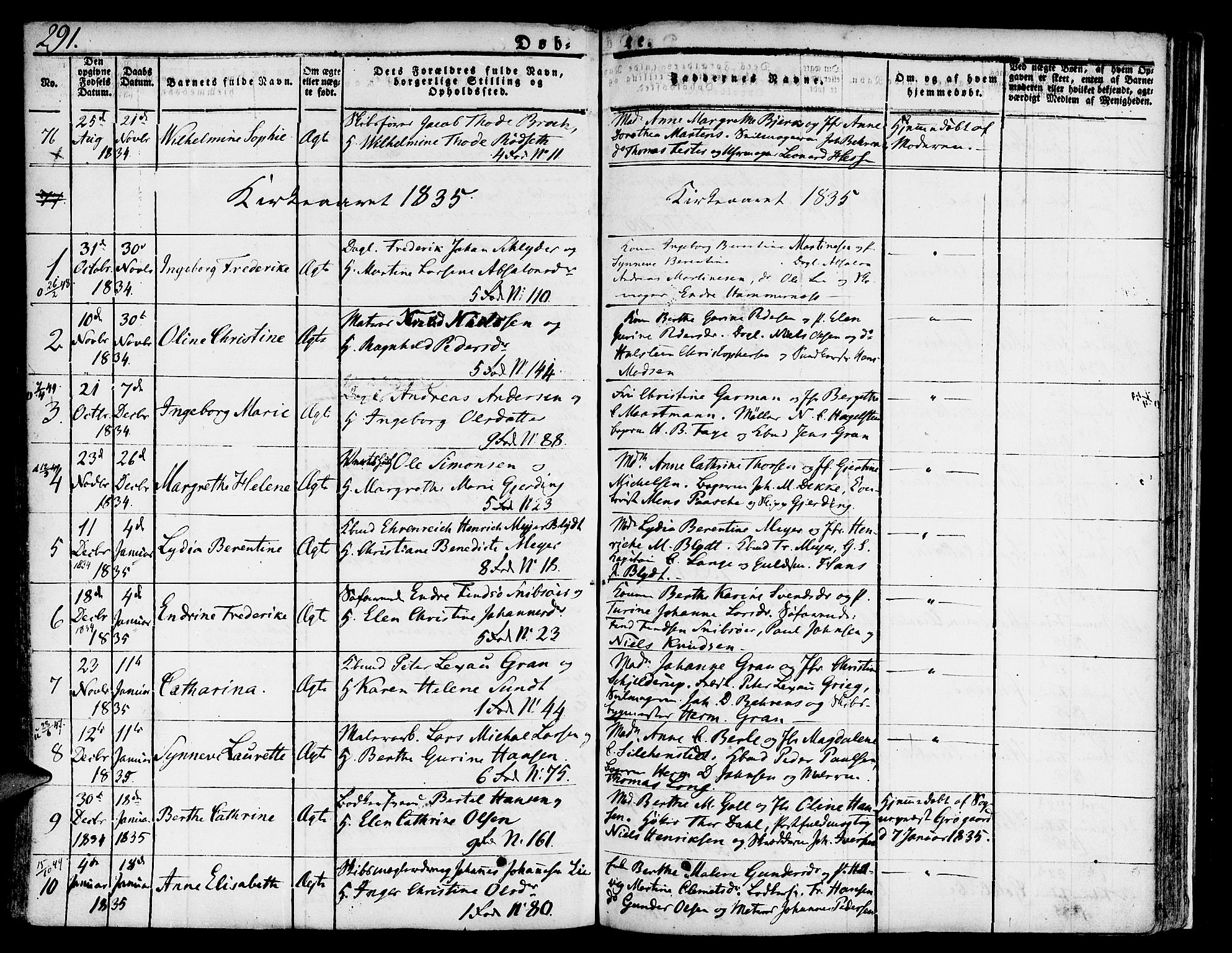 Nykirken Sokneprestembete, SAB/A-77101/H/Hab: Parish register (copy) no. A 5I, 1821-1841, p. 291