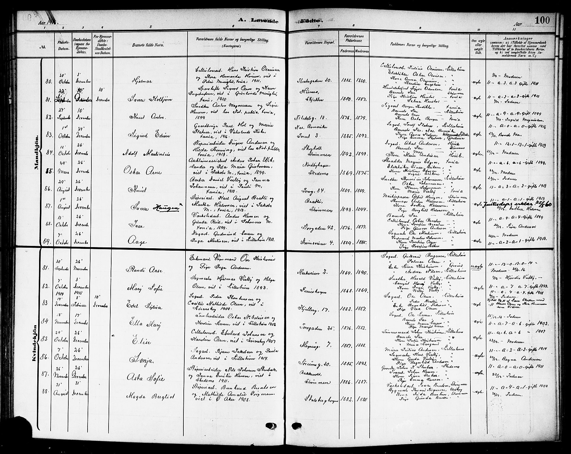 Skedsmo prestekontor Kirkebøker, SAO/A-10033a/G/Gc/L0001: Parish register (copy) no. III 1, 1908-1916, p. 100
