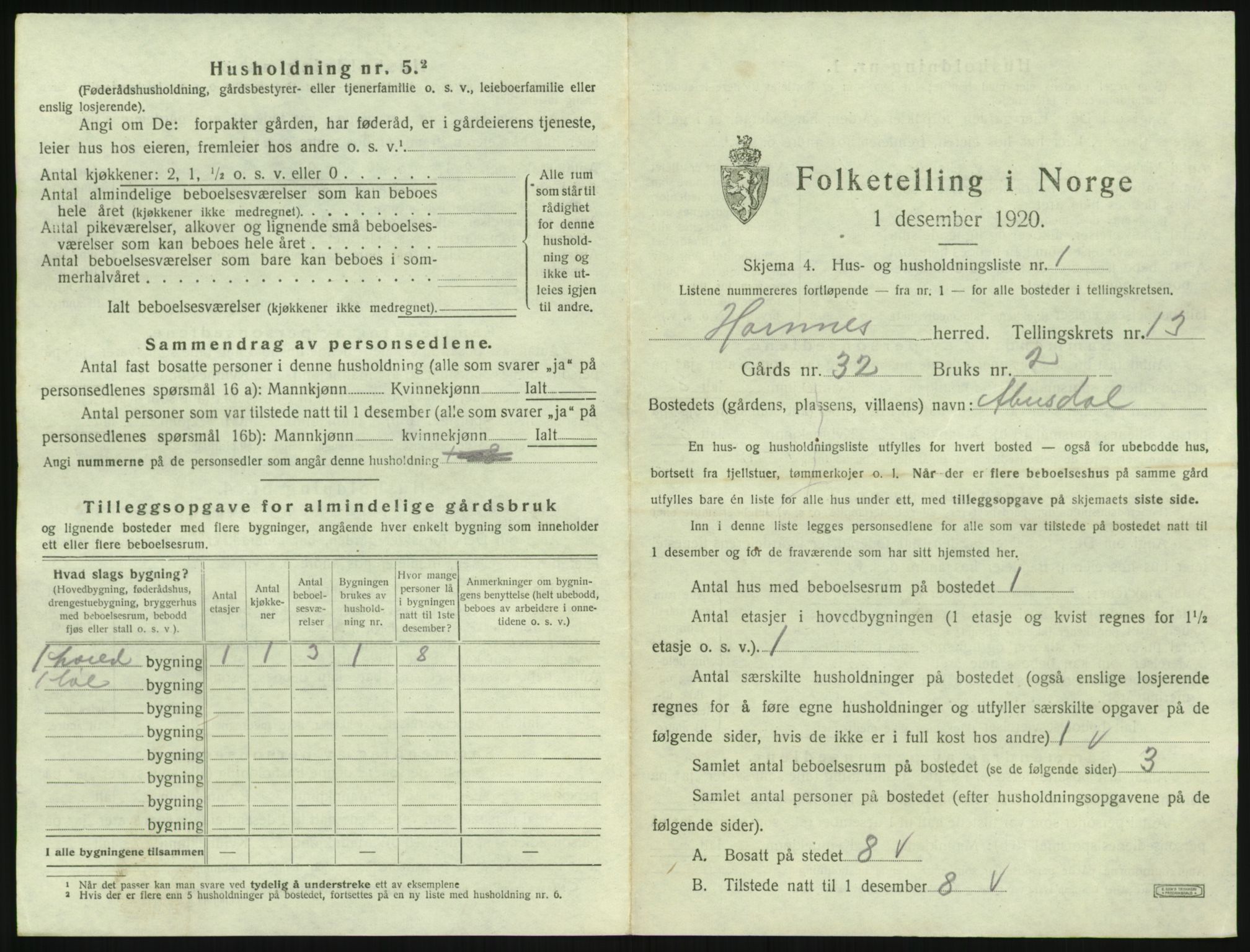 SAK, 1920 census for Hornnes, 1920, p. 505