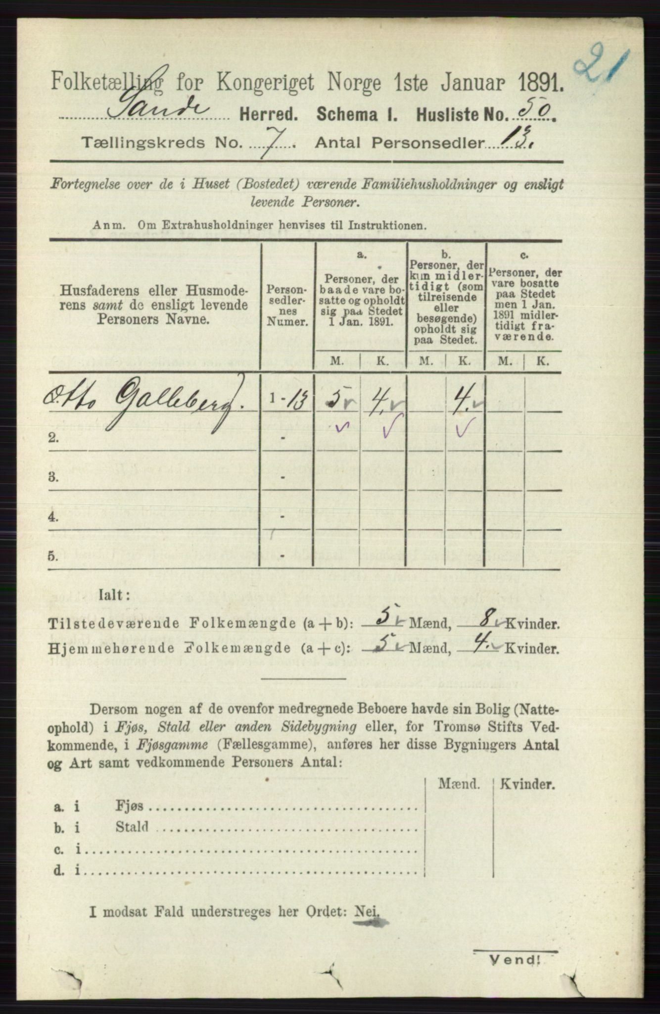 RA, 1891 census for 0713 Sande, 1891, p. 3131