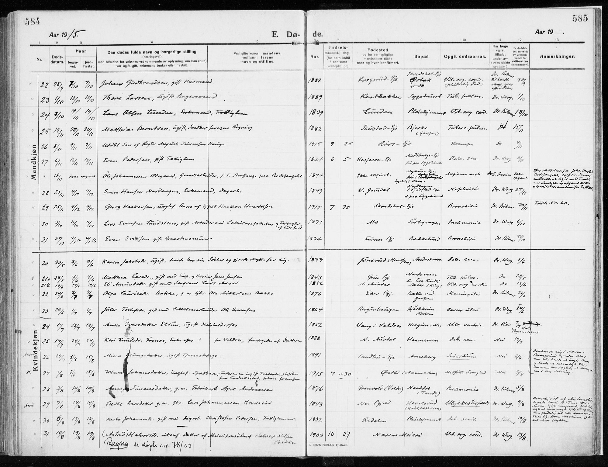 Ringsaker prestekontor, AV/SAH-PREST-014/K/Ka/L0020: Parish register (official) no. 20, 1913-1922, p. 584-585