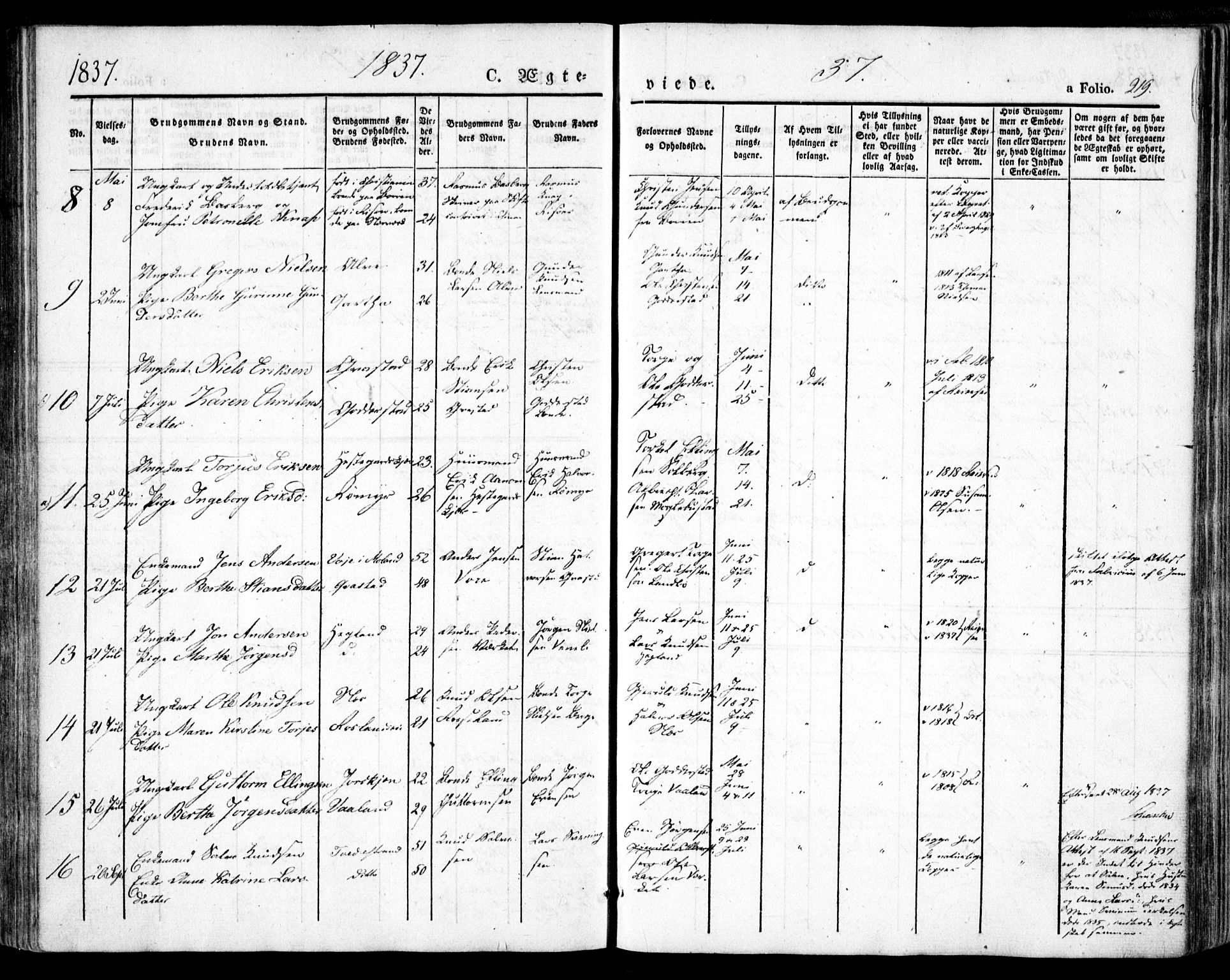 Holt sokneprestkontor, SAK/1111-0021/F/Fa/L0007: Parish register (official) no. A 7, 1836-1848, p. 219