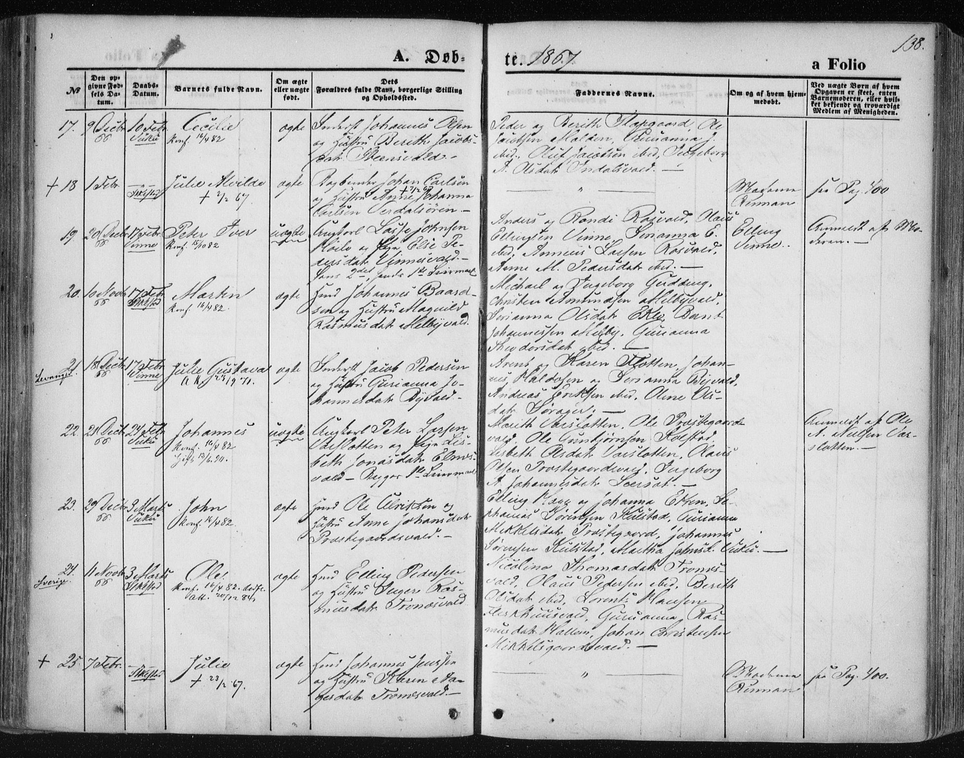 Ministerialprotokoller, klokkerbøker og fødselsregistre - Nord-Trøndelag, SAT/A-1458/723/L0241: Parish register (official) no. 723A10, 1860-1869, p. 138