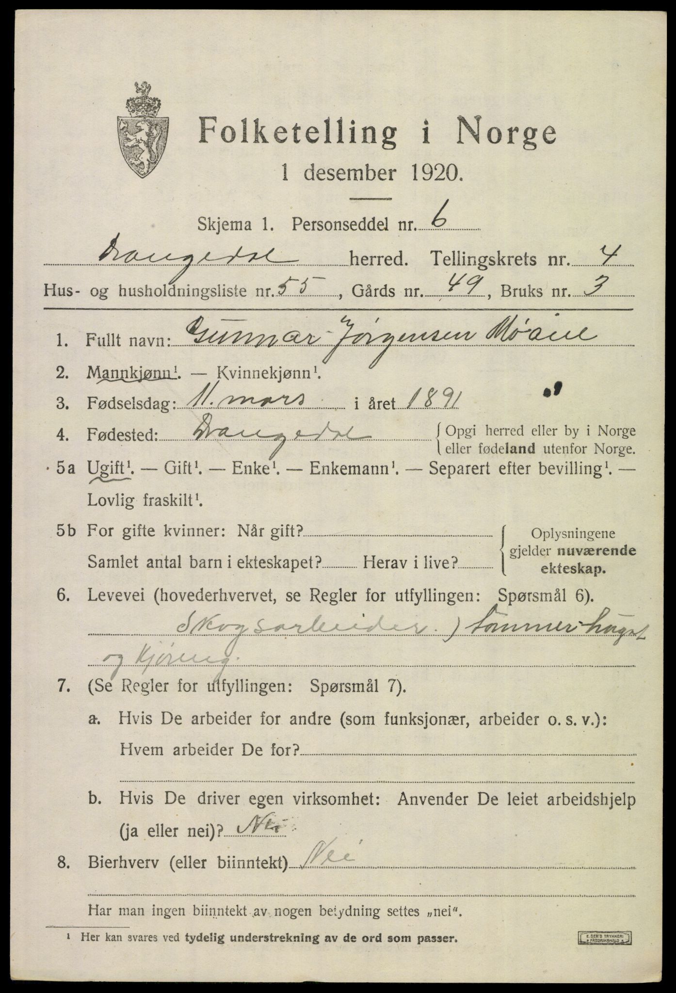 SAKO, 1920 census for Drangedal, 1920, p. 3687